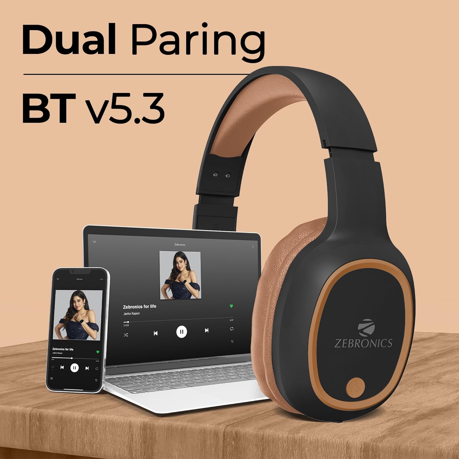 ZEBRONICS Thunder (2026 Upgrade) Wireless Headphones, BT v6.0, True 60 hrs Playback, 40mm Drivers, ENC, Gaming Mode, Dual Pairing, AUX & microSD, Rapid Charging, Call Function (Brown)
