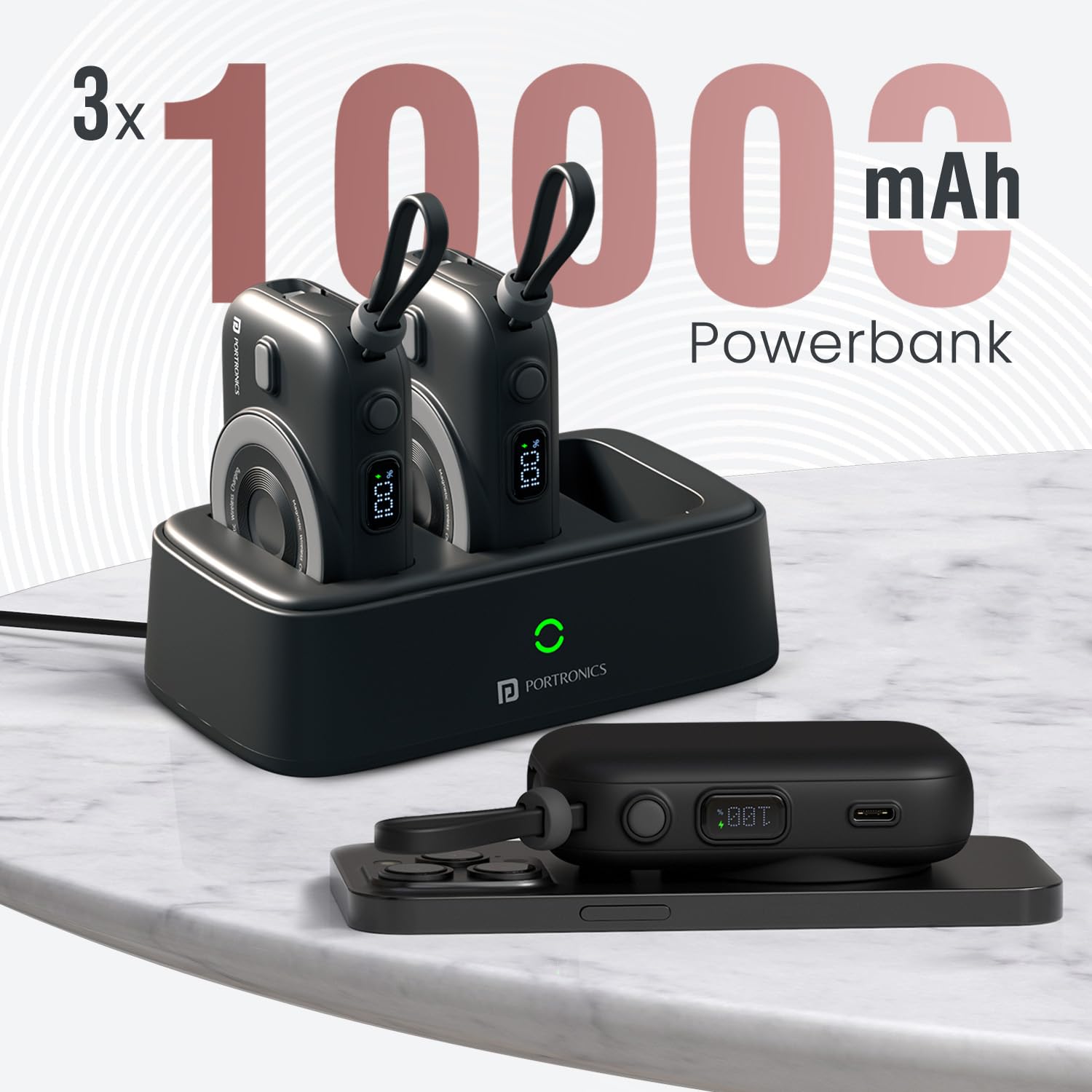 Portronics Power Shutter Home 3 x 10000mAh Fast Charging Wireless Powerbank with Charging Station, 22.5W Wired Output, 15W Wireless Output for iPhone 12 & Above, Android & Other Qi Enabled Devices