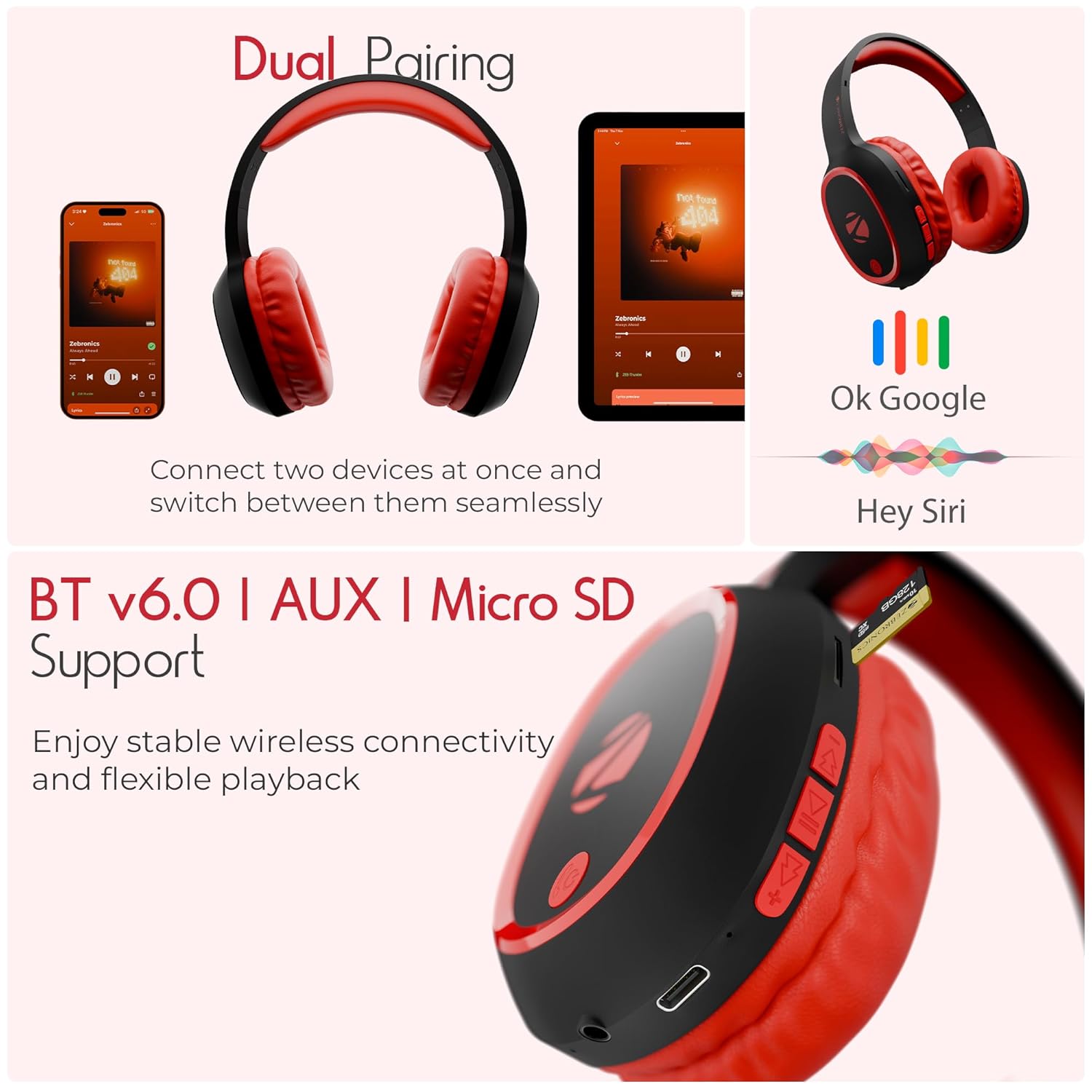 ZEBRONICS Thunder (2026 Upgrade) Wireless Headphones, BT v6.0, True 60 hrs Playback, 40mm Drivers, ENC, Gaming Mode, Dual Pairing, AUX & microSD, Rapid Charging, Call Function (Red)