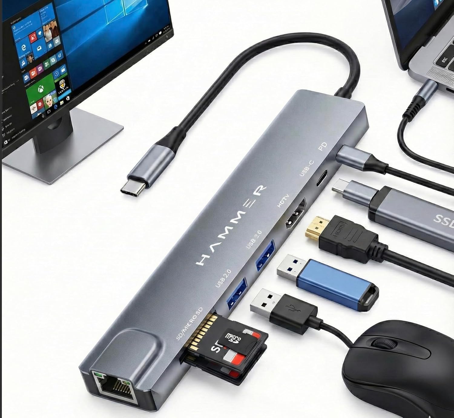 HAMMER 8-in-1 USB-C Hub | 100W PD Charging, 5Gbps Data Transfer, HDMI 4K, (RJ45) Ethernet Port, SD/TF Card Reader, USB 3.0 & 2.0 | Multiport Adapter for Laptop, MacBook, & Smartphones (Grey)
