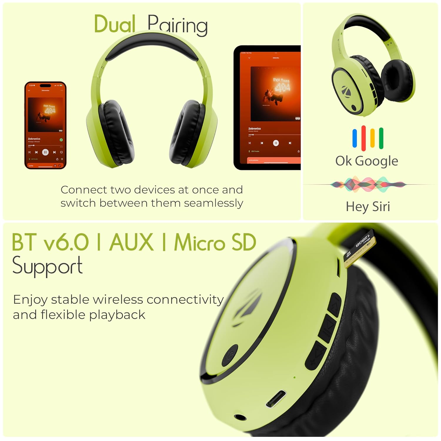ZEBRONICS Thunder Bluetooth Wireless On Ear Headphone FM, mSD, 60hrs Playback with Mic (Neon Yellow)