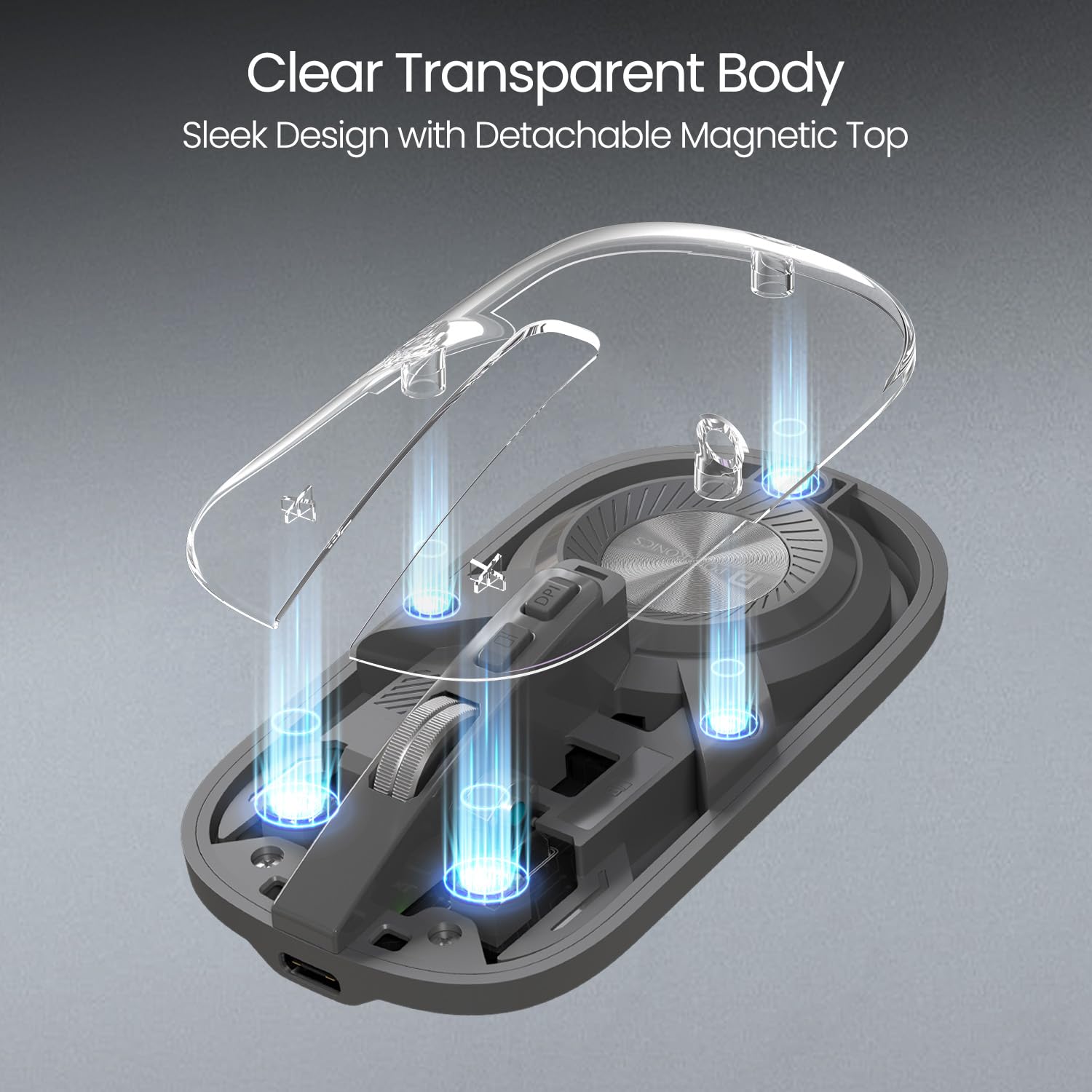 Portronics Toad 8 Transparent Wireless Bluetooth Mouse with Dual Wireless (BT + 2.4 GHz), Rechargeable Battery, Noise-Free Clicking, Show/Hide Desktop, Multi-Device Pair, Adjust Sensitivity (Grey)