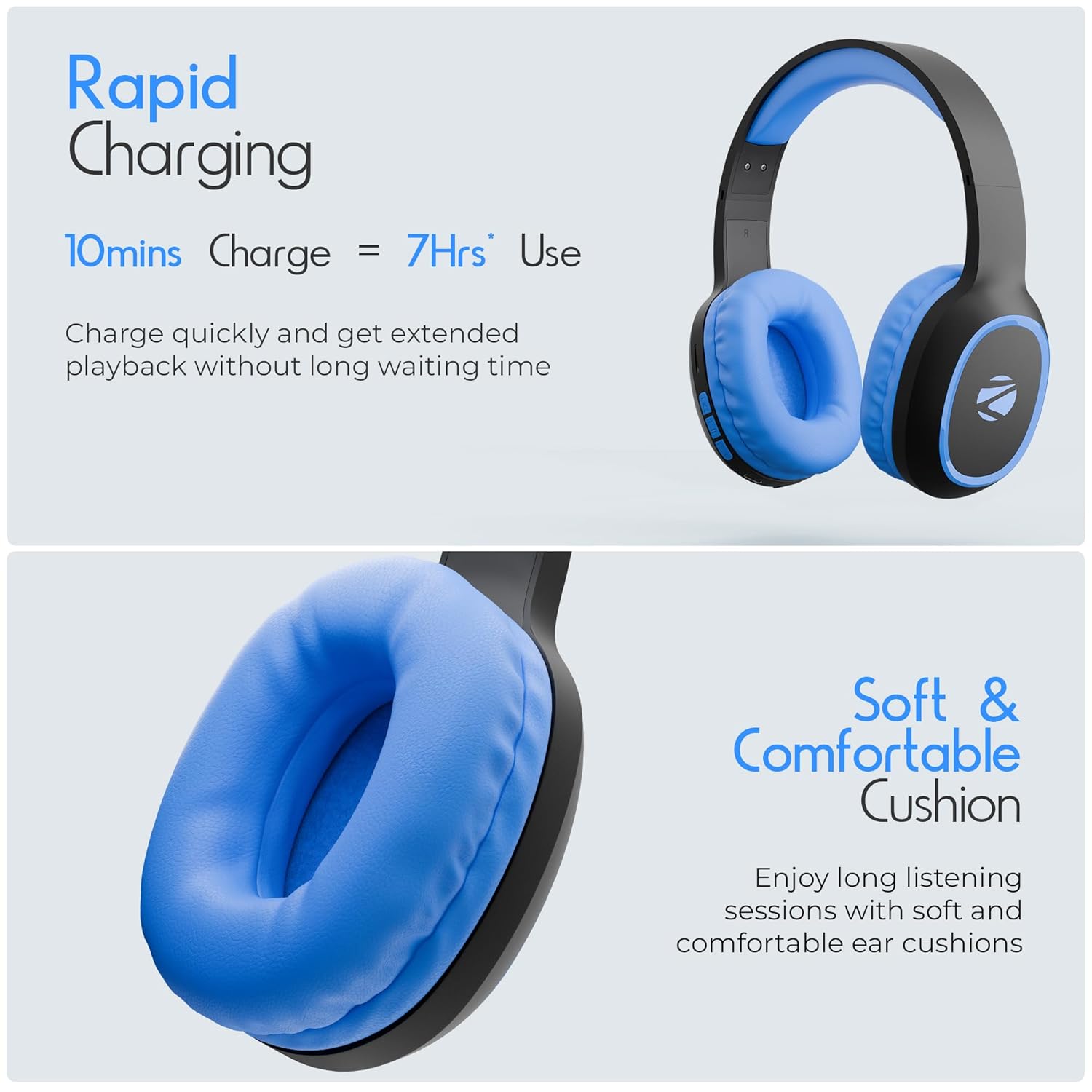 ZEBRONICS Thunder (2026 Upgrade) Wireless Headphones, BT v6.0, True 60 hrs Playback, 40mm Drivers, ENC, Gaming Mode, Dual Pairing, AUX & microSD, Rapid Charging, Call Function (Blue)