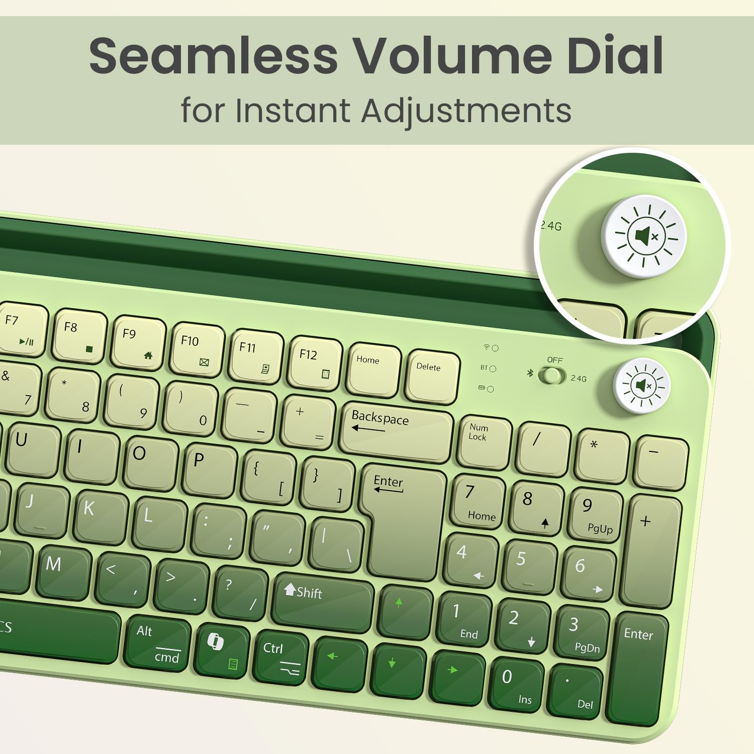 Portronics Bubble 4.0 Wireless Keyboard with Bluetooth + 2.4 GHz USB Receiver, Rechargeable Battery, Volume Control Knob, Multimedia Hotkeys with Numpad, for Laptop, PC, Smartphone, Tablet(Green)