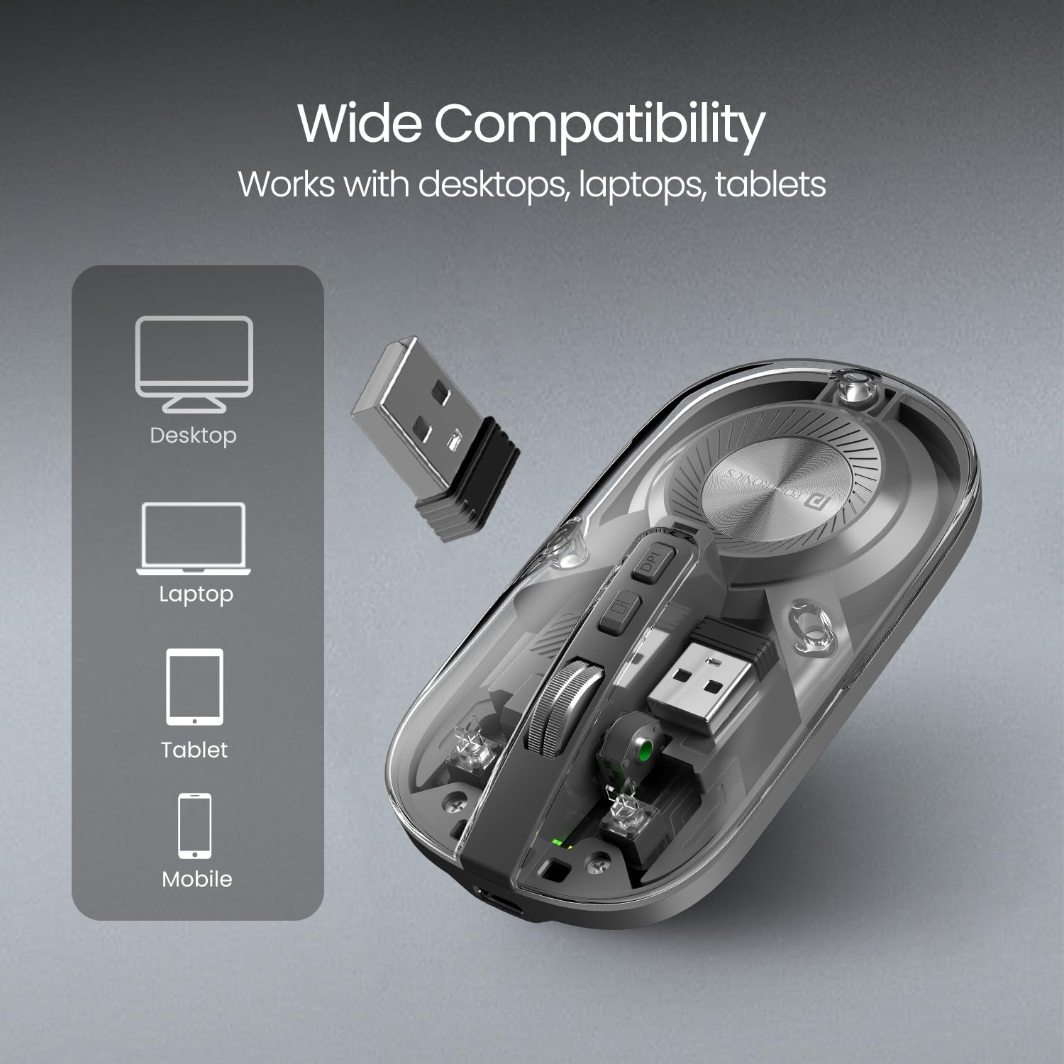 Portronics Toad 8 Transparent Wireless Bluetooth Mouse with Dual Wireless (BT + 2.4 GHz), Rechargeable Battery, Noise-Free Clicking, Show/Hide Desktop, Multi-Device Pair, Adjust Sensitivity (Grey)