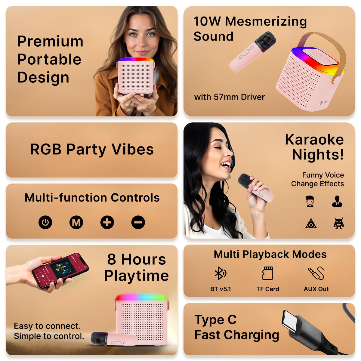 pTron Newly Launched Fusion Tunes 10W Mini Bluetooth Speaker, Wireless Karaoke Mic, 8Hrs Playtime, Vivid RGB Lights, Voice Effects, Multi-Play Modes BT5.1/TF Card & Type-C Charging (Light Pink)