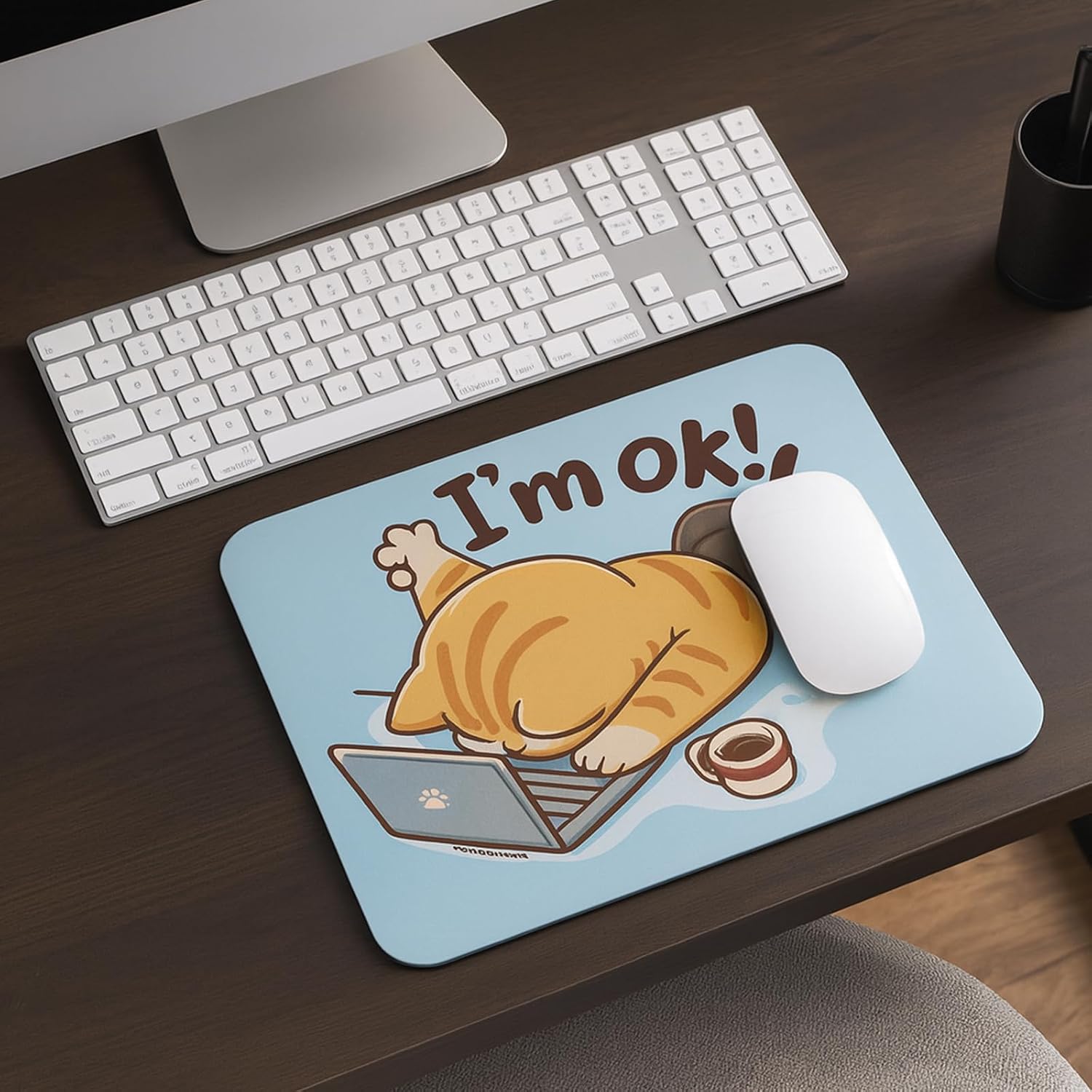 SHERISH Cute Cat (I'm OK) Mouse Pad for PC & Laptop – Waterproof Desk Mat with Funny Cartoon Cat Design, Smooth Cloth Surface & Non-Slip Rubber Base Ideal for Office, Work from Home & Gaming 19x23 cm