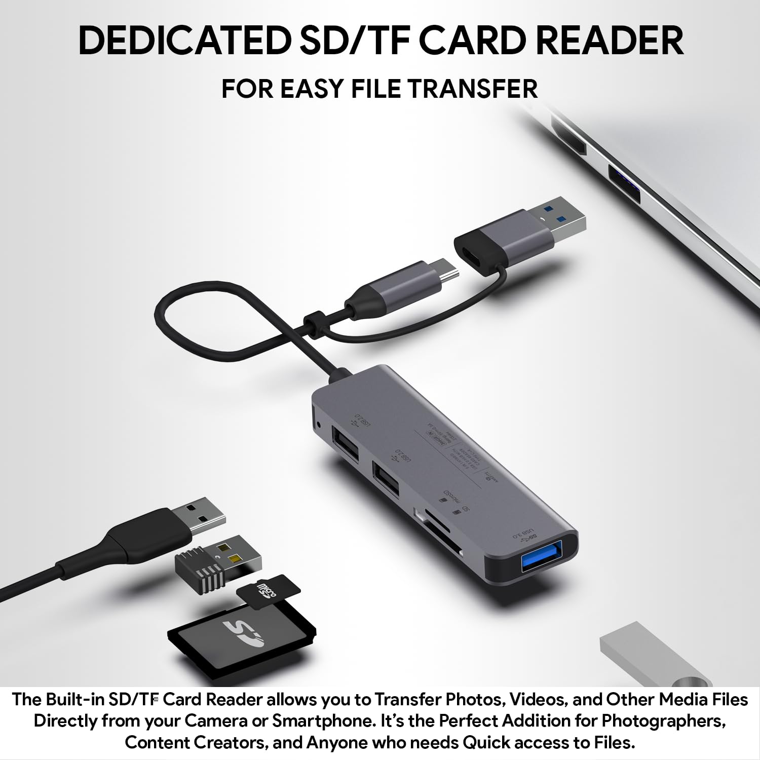 Amkette Type A+C 5 in 1 USB Hub 3.0, Upto 5GBPS DataTransfer Speed,Dedicated Card Reader&Micro SD Slot, Universally Compatible with All USB,Speaker,Laptop,Hard Drive,15cm Cable