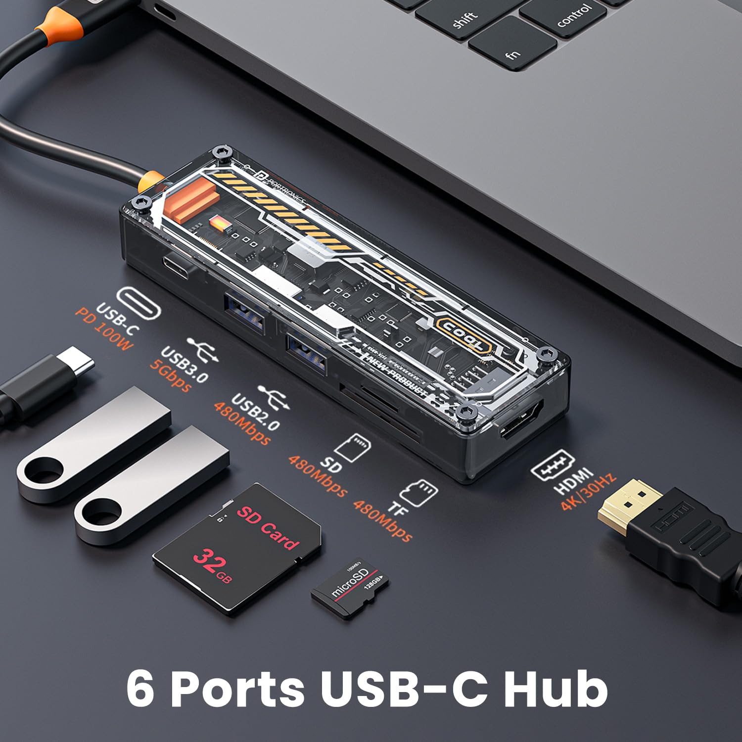 Portronics MPort View Two 6-in-1 USB Type-C Hub Dock,100 W Type-C PD&Data, USB 3.0 SuperSpeed, USB 2.0,SD and Micro SD, 4K HDMI,Transparent Case for Laptop, PC & More(Black)