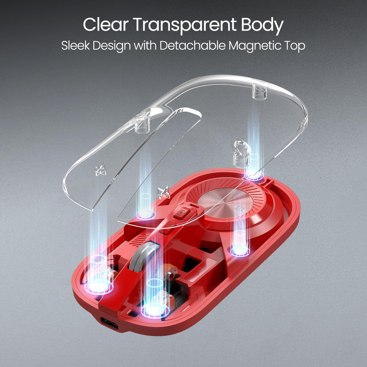 Portronics Toad 8 Transparent Wireless Bluetooth Mouse with Dual Wireless (BT + 2.4 GHz), Rechargeable Battery, Noise-Free Clicking, Show/Hide Desktop, Multi-Device Pair, Adjust Sensitivity (Red)