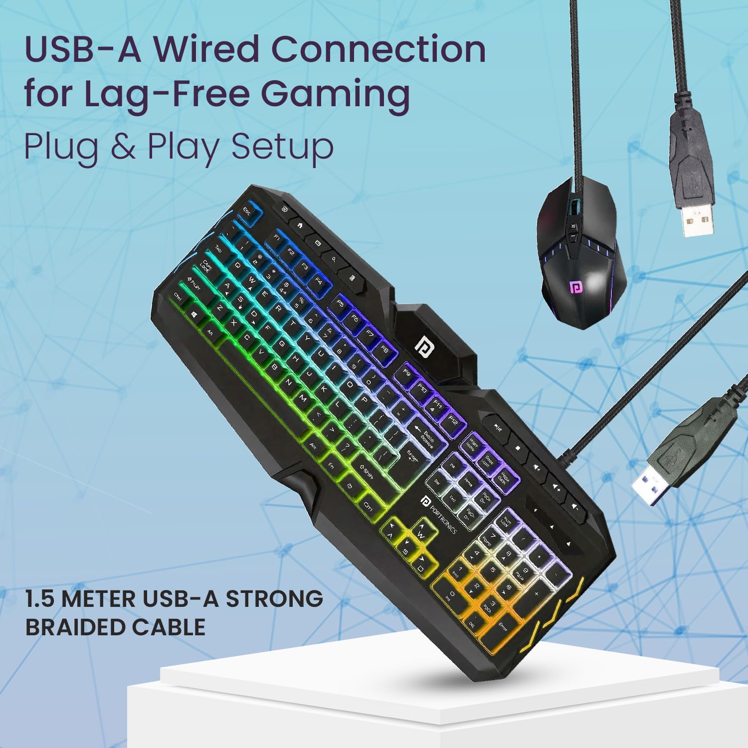 Portronics Ki-Pad 5 Wired Gaming Keyboard & Mouse Combo, 7-Button Mouse Control, 19 Anti-Ghosting, Multimedia Keys, Cool RGB Backlight, 1.5M Cable Length, Compatible with Desktop PCs, Laptops (Black)