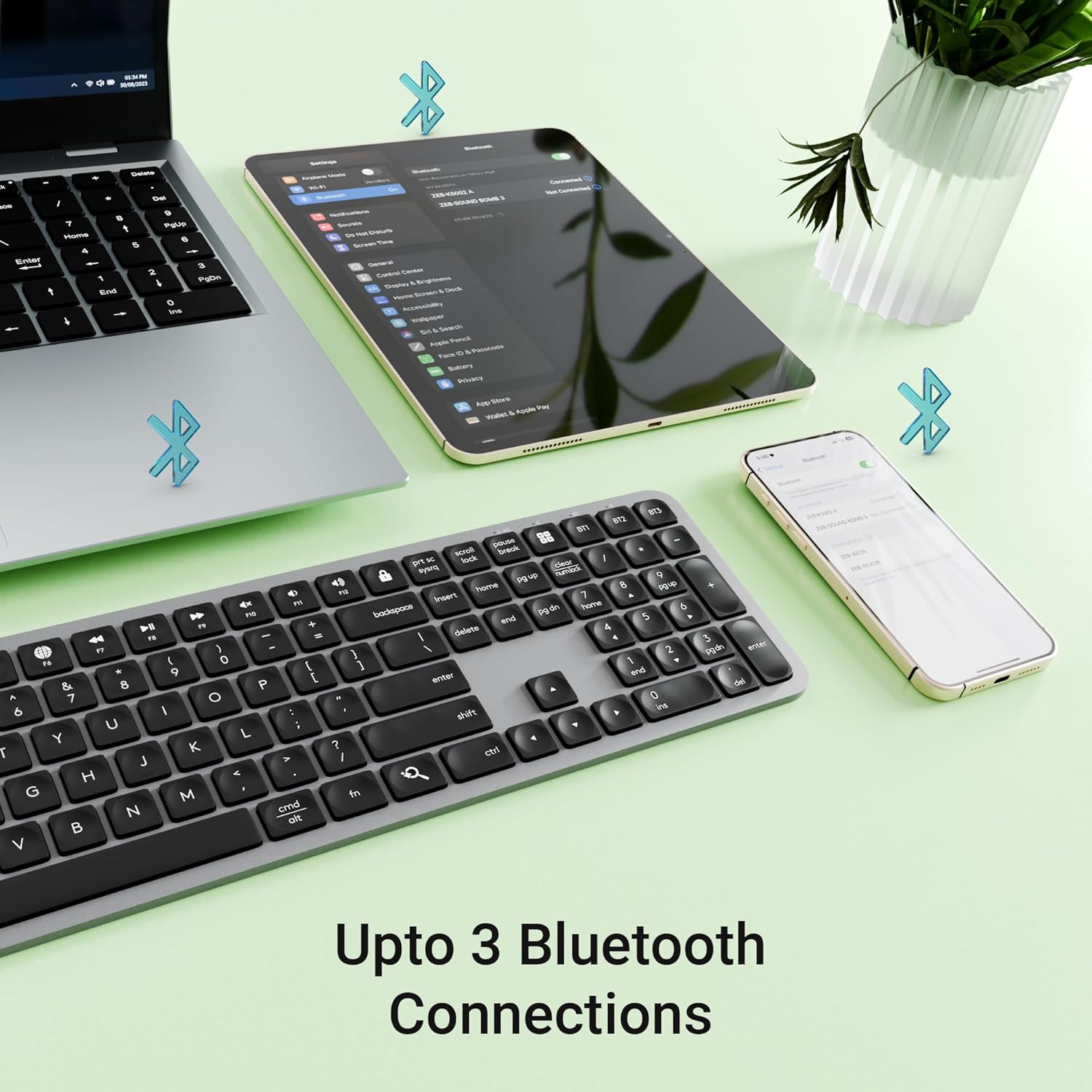 ZEBRONICS K5002MW Slim Wireless Keyboard with in-Built Battery, Copilot AI Key, Windows | Mac | iOS | Android, Scissor Switch, 3 Bluetooth + 2.4Ghz, 109 Keys, 13 Multimedia Keys, Type C Charging