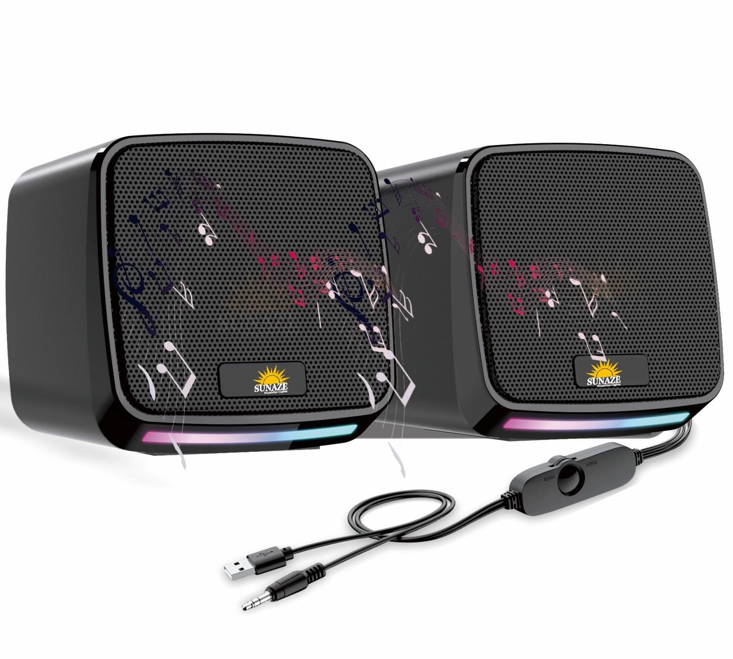 Sunaze USB Powered RGB Stereo Speakers Compact Wired Multimedia Speakers with Clear Sound & LED Base Glow Desktop Speakers for PC, Laptop & Mobile