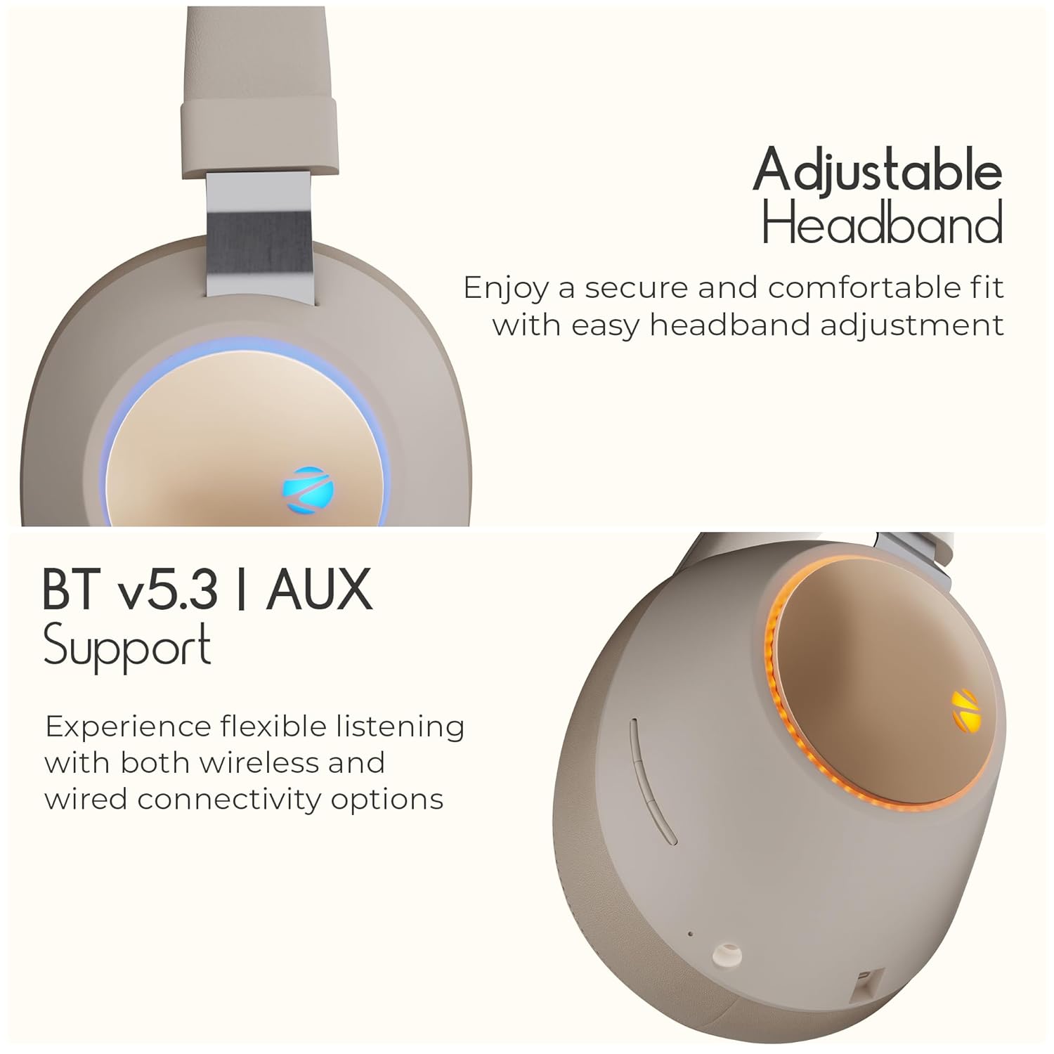ZEBRONICS Duke (2026 Upgrade) Wireless Headphone, BT v5.3, Upto 60 hrs Playback, 40mm Drivers, Deep Bass, ENC, Gaming Mode, Dual Pairing, LED Lights, Media/Volume Control, Call Function (Beige)