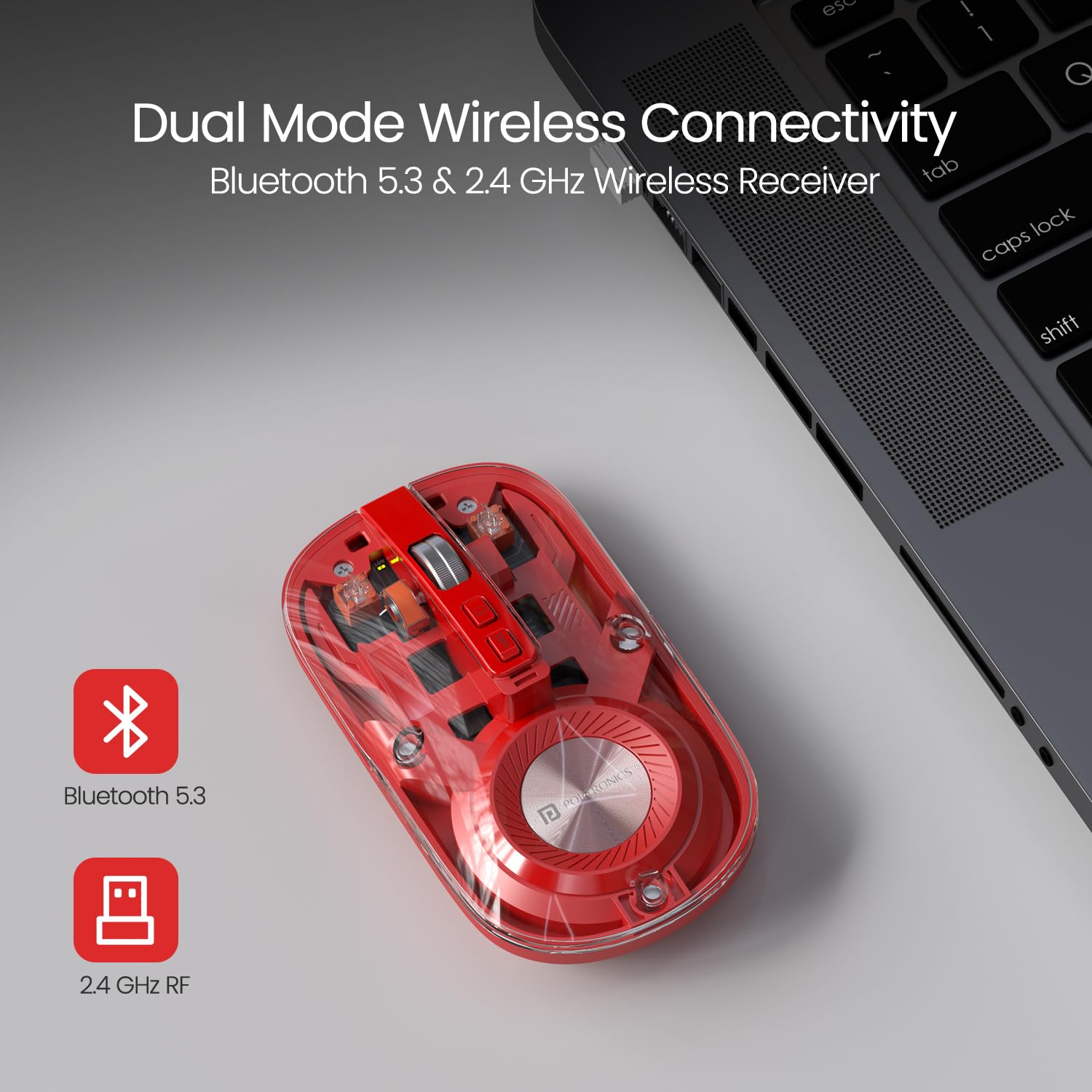 Portronics Toad 8 Transparent Wireless Bluetooth Mouse with Dual Wireless (BT + 2.4 GHz), Rechargeable Battery, Noise-Free Clicking, Show/Hide Desktop, Multi-Device Pair, Adjust Sensitivity (Red)