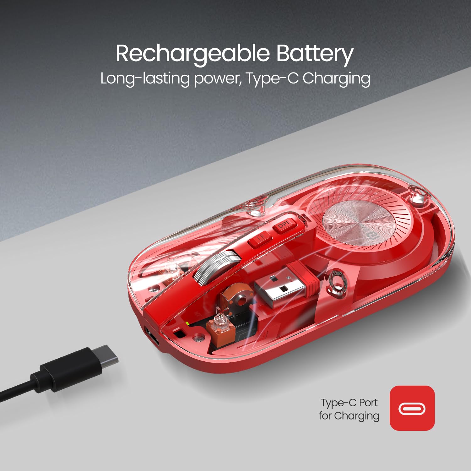 Portronics Toad 8 Transparent Wireless Bluetooth Mouse with Dual Wireless (BT + 2.4 GHz), Rechargeable Battery, Noise-Free Clicking, Show/Hide Desktop, Multi-Device Pair, Adjust Sensitivity (Red)