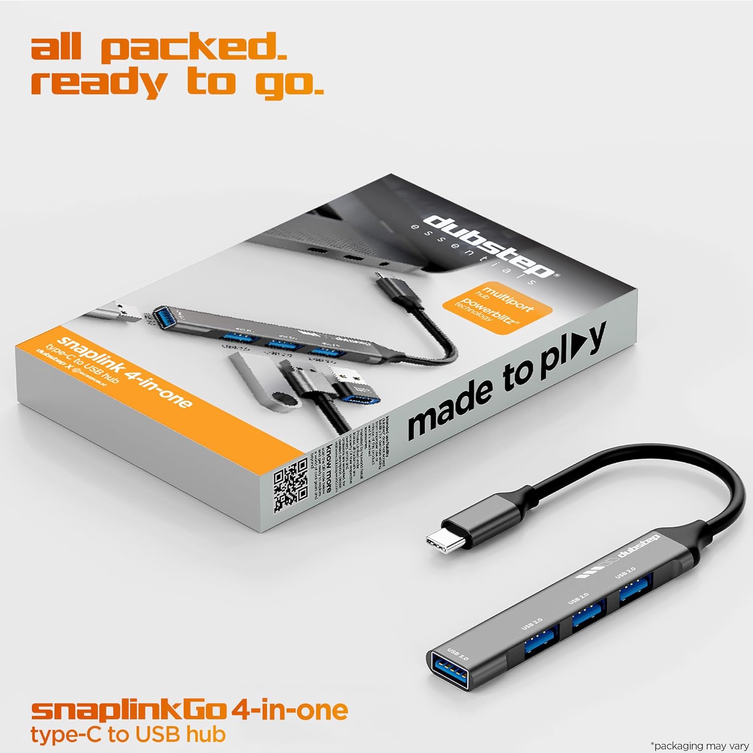 Dubstep SnaplinkGo 4-in-1 Type C to USB Hub, Grey, Aluminium Alloy, 5 Gbps Data Transfer, 4 Ports, Bend Free Cable (Grey)
