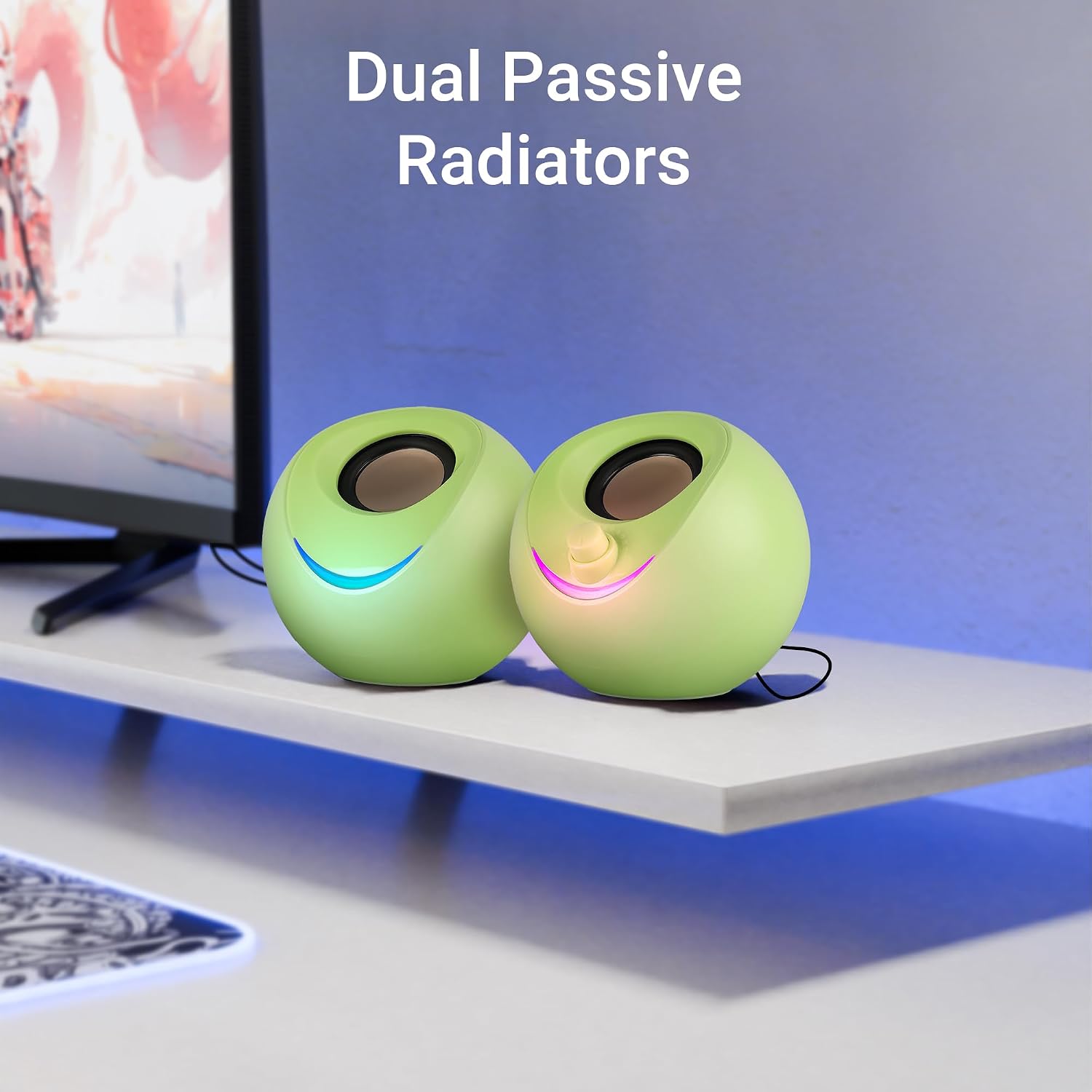 ZEBRONICS Blues 2.0 Computer Speakers, 8 Watts, 45° Elevated Drivers, Dual Passive Radiators, USB Powered, AUX, Volume Control Knob, RGB LED, for Laptops & Desktop (Green)