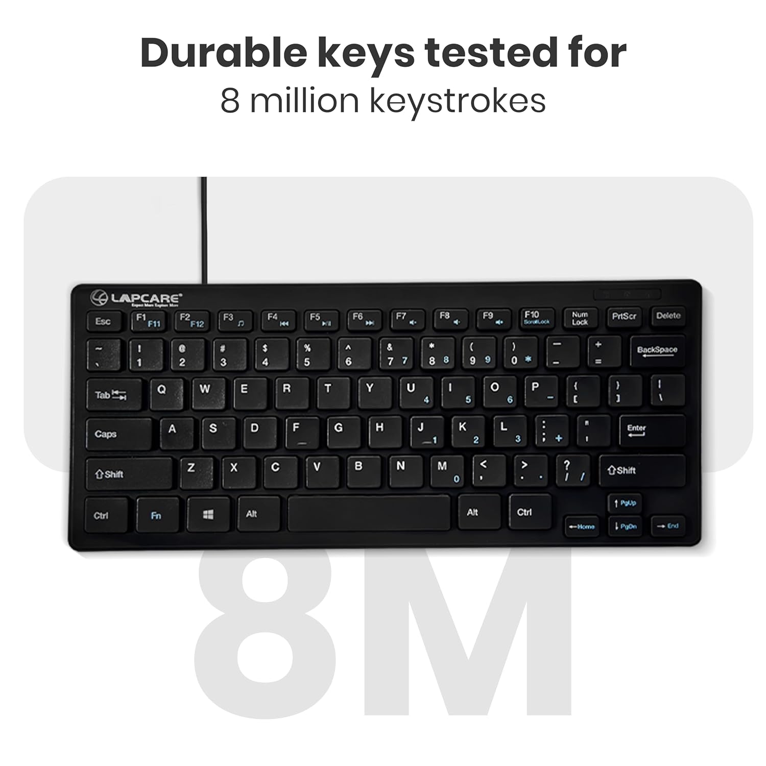 LAPCARE D-Lite Black Mini Wired Keyboard – 87 Key Compact USB Keyboard with Multimedia Fn Keys, Quiet Chocolate Keycaps, UV Coating, 8 Million Keystroke Life - Plug & Play for PC/Laptop (Black)