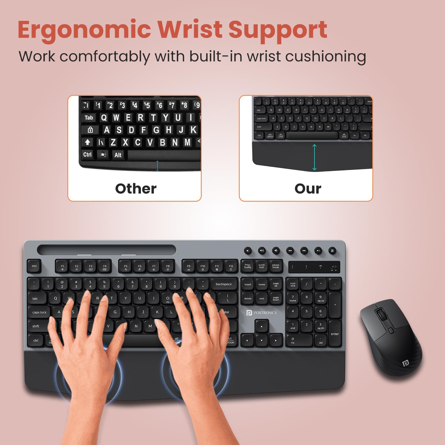 Portronics Key10 Combo Wireless Keyboard and Mouse Set with Wrist Rest, Multimedia Hotkeys, USB Receiver, Adjustable DPI, AI Assistance, Long Key Life & Click Life for PC & Laptop (Grey)
