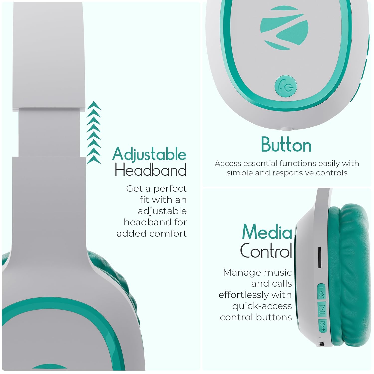 ZEBRONICS Thunder (2026 Upgrade) Wireless Headphones, BT v6.0, True 60 hrs Playback, 40mm Drivers, ENC, Gaming Mode, Dual Pairing, AUX & microSD, Rapid Charging, Call Function (Sea Green)