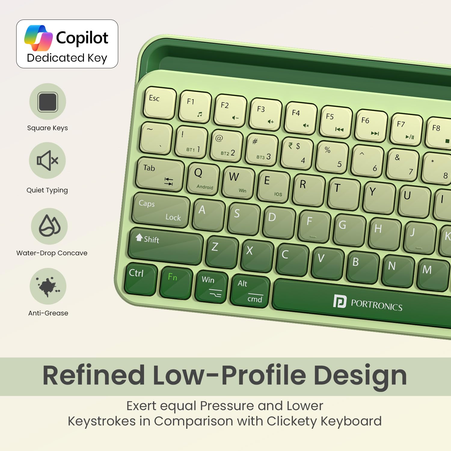Portronics Bubble 4.0 Wireless Keyboard with Bluetooth + 2.4 GHz USB Receiver, Rechargeable Battery, Volume Control Knob, Multimedia Hotkeys with Numpad, for Laptop, PC, Smartphone, Tablet(Green)