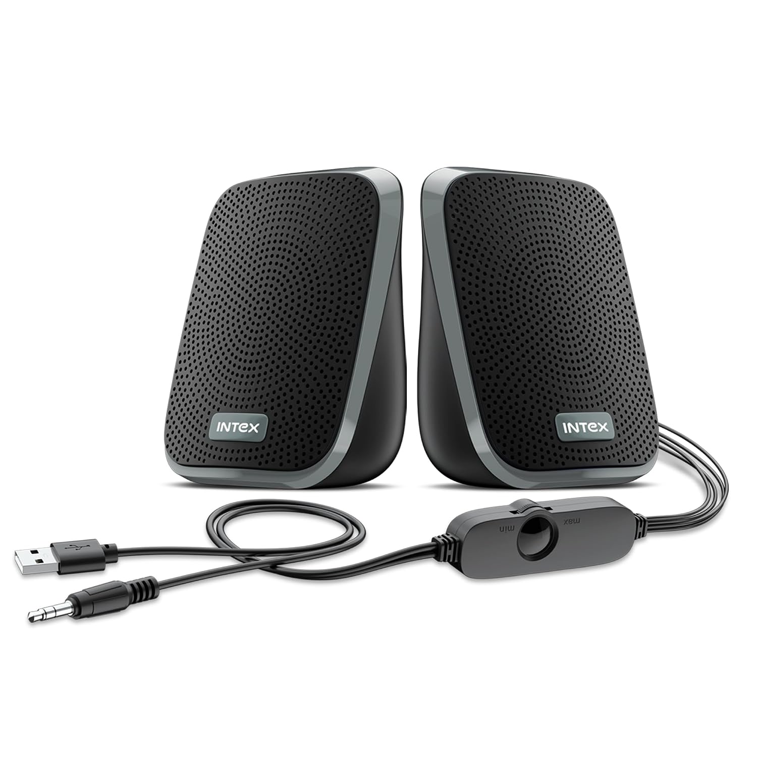 Intex IT-120 2.0 Channel Desktop Speaker with 10W Powerful Sound, USB Powered, 3.5mm Jack, in-Line Volume Control, Loud & Compact Design, Portable for Laptop, Computer, Mobile – Grey