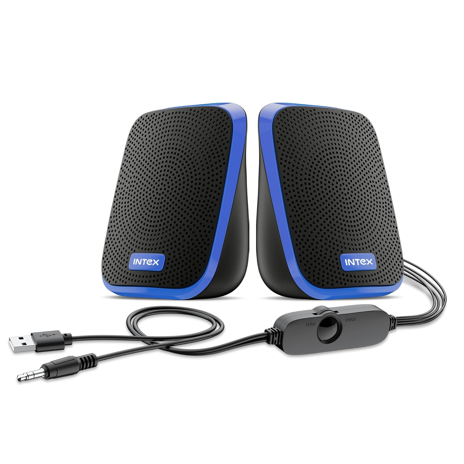 Intex IT-120 2.0 Channel Desktop Speaker with 10W Powerful Sound, USB Powered, 3.5mm Jack, in-Line Volume Control, Loud & Compact Design, Portable for Laptop, Computer, Mobile – Blue