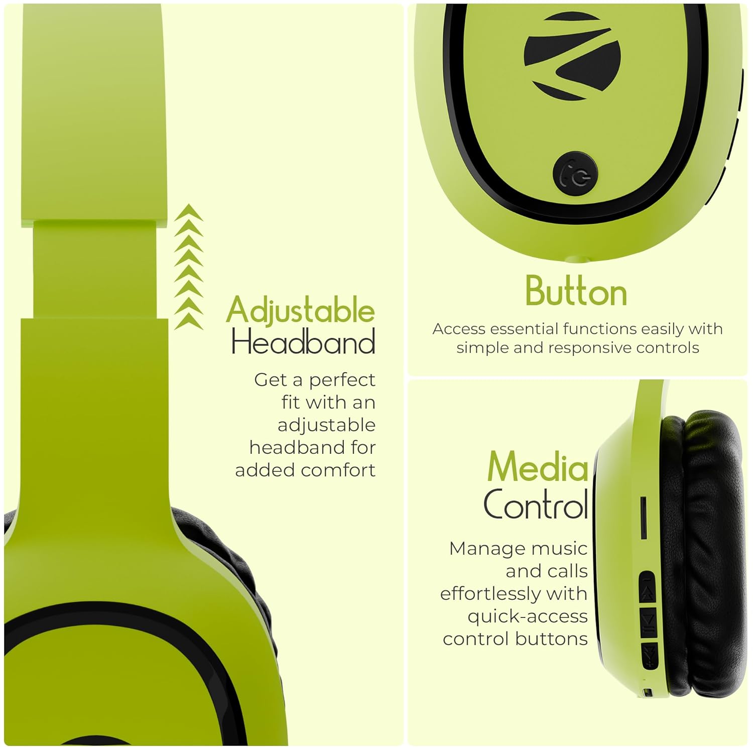ZEBRONICS Thunder Bluetooth Wireless On Ear Headphone FM, mSD, 60hrs Playback with Mic (Neon Yellow)