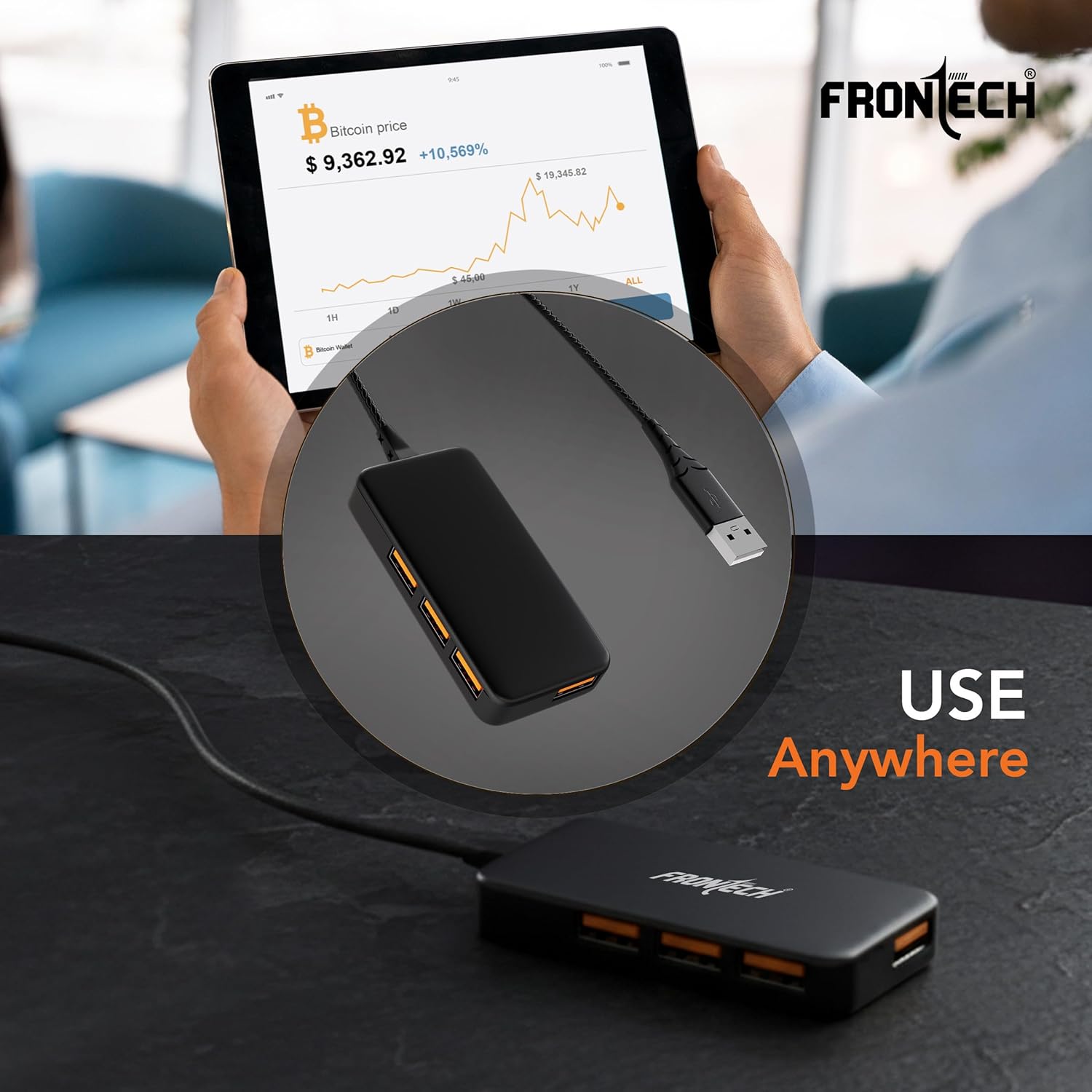 Frontech USB Hub with 4 Port | Switches & LED Indicators | Extra Power Support|480 Mbps Speed - Each Port|Fuse Protection for PC, USB Flash Drives | Backed with 1 Year Warranty (NC-0062)