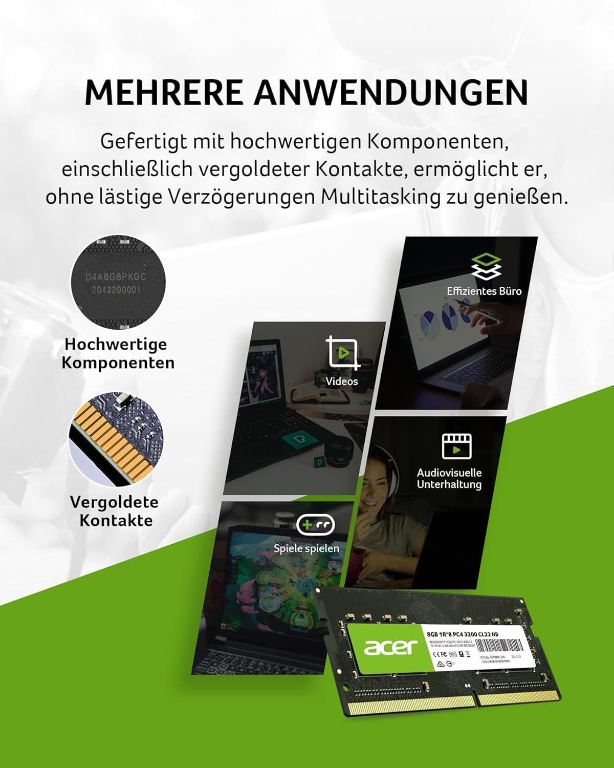 Acer SD100 8GB Single RAM 3200 MHz DDR4 CL22 1.2V Laptop Computer Memory - BL.9BWWA.206