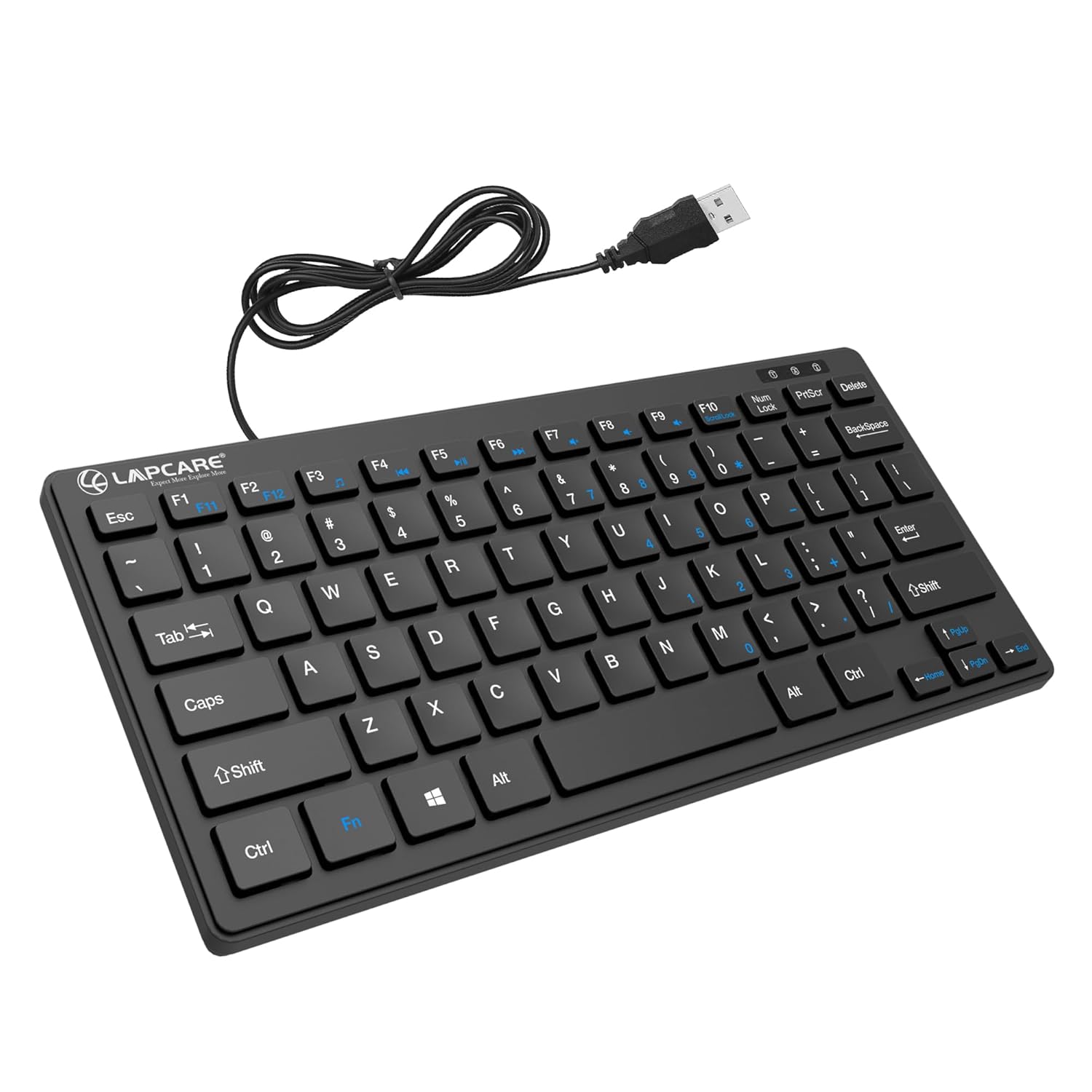 LAPCARE D-Lite Black Mini Wired Keyboard – 87 Key Compact USB Keyboard with Multimedia Fn Keys, Quiet Chocolate Keycaps, UV Coating, 8 Million Keystroke Life - Plug & Play for PC/Laptop (Black)