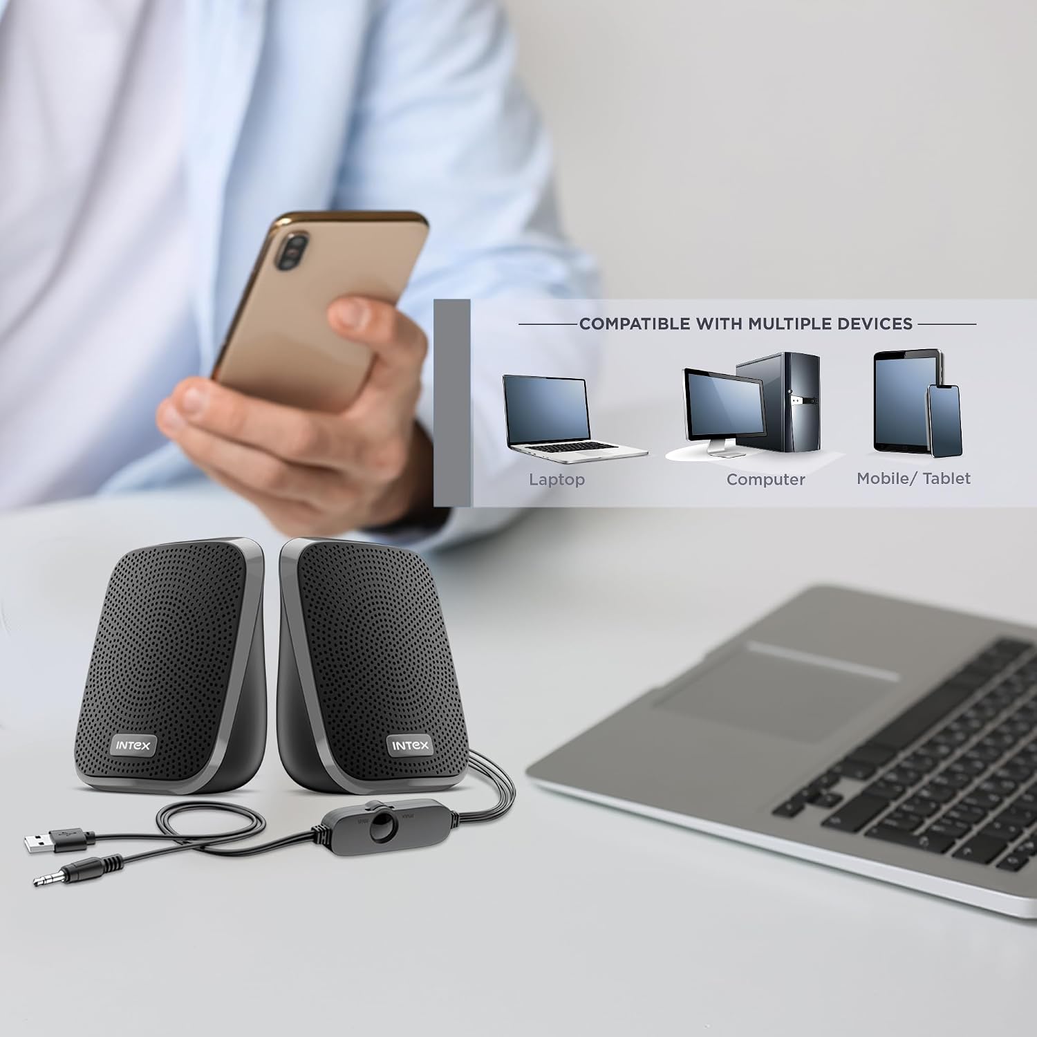Intex IT-120 2.0 Channel Desktop Speaker with 10W Powerful Sound, USB Powered, 3.5mm Jack, in-Line Volume Control, Loud & Compact Design, Portable for Laptop, Computer, Mobile – Grey