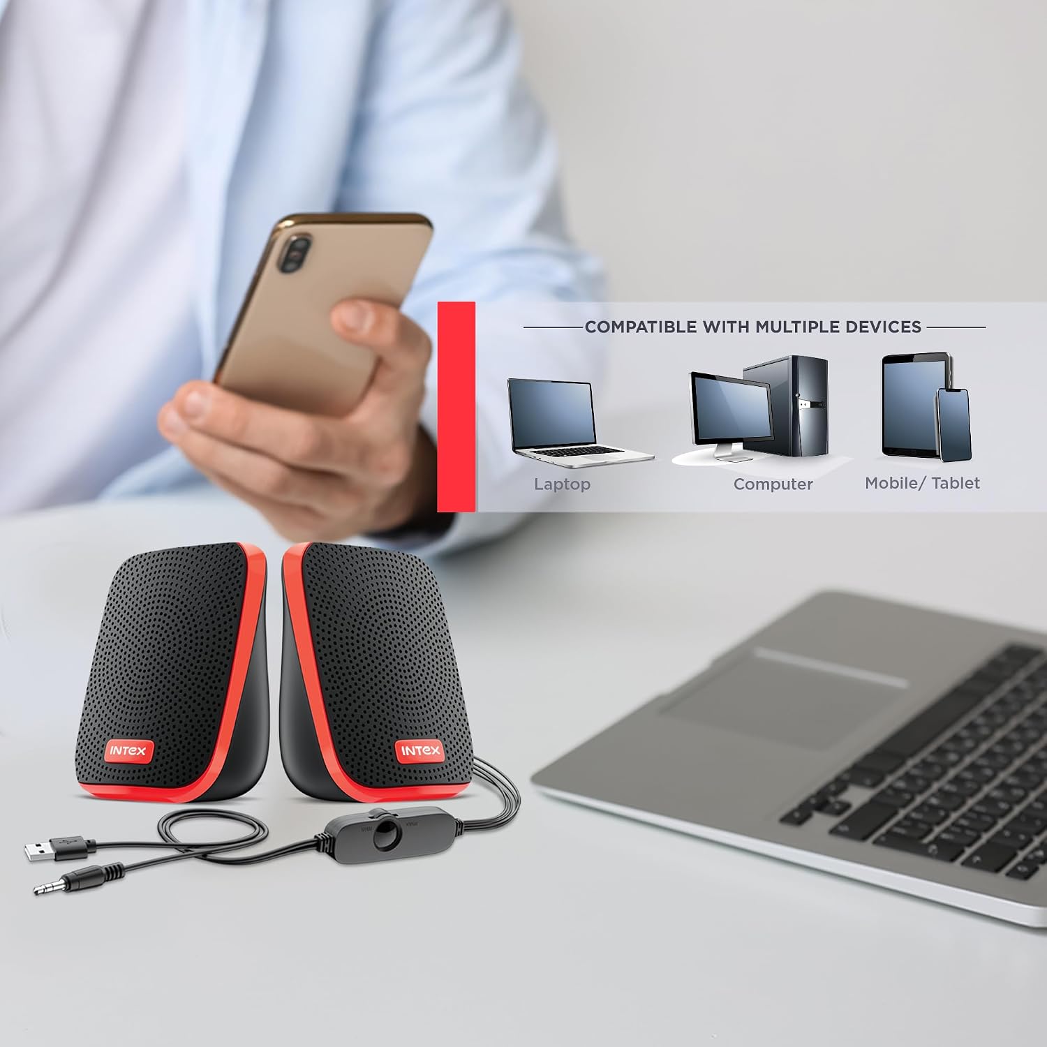 Intex IT-120 2.0 USB Computer Multimedia Speaker, 10W Powerful Sound, USB Powered, 3.5mm Aux Connectivity, in-Line Volume Control Pod for PC, Laptops, Desktop & Mobiles – Orange