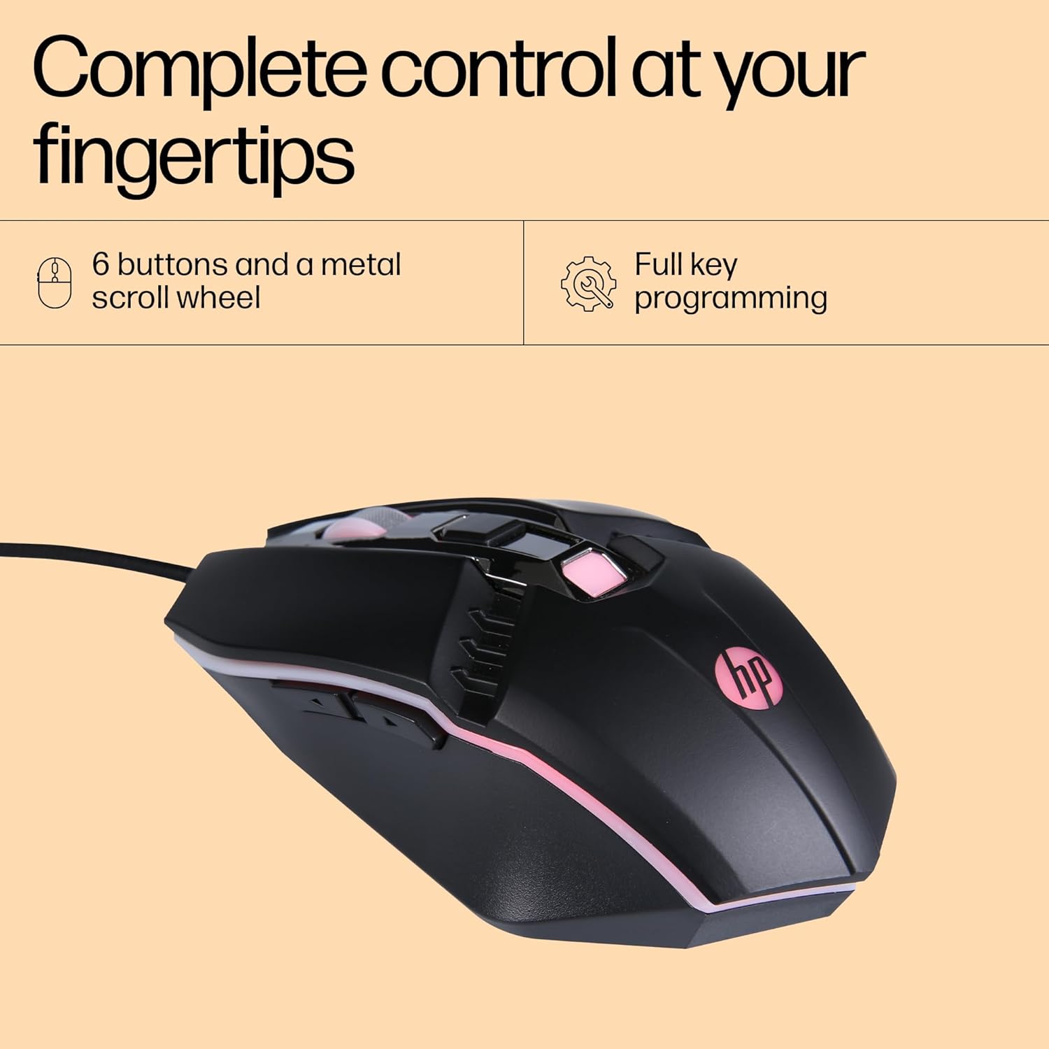 HP M270 Backlit USB Wired Gaming Mouse with 6 Buttons, 4-Speed Customizable 2400 DPI, Ergonomic Design, Breathing LED Lighting, Metal Scroll Wheel, Lightweighted / 3 Years Warranty (7ZZ87AA)