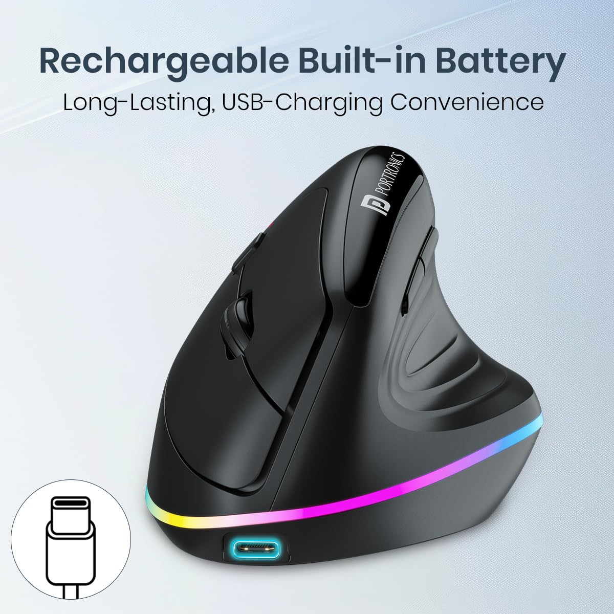 Portronics Toad Ergo 3 Ergonomic Wireless Mouse with RGB, 2400 DPI, Dual Mode BT & 2.4GHz Connectivity, Rechargeable Battery, 6 Buttons, Adjustable DPI, Silent Clicks (Black)