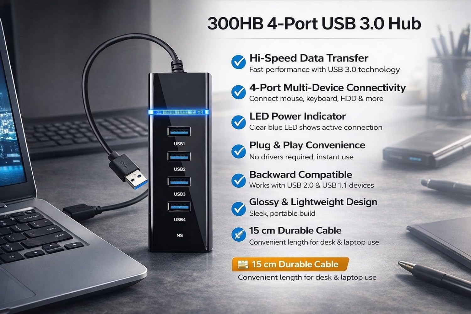 4 Port USB 3.0 Hub with Hi-Speed Data Transfer, LED Indication, 15cm Cable, Backward Compatible, Multi Device Connection, Plug Play Usage, Glossy Finish and Lightweight Design