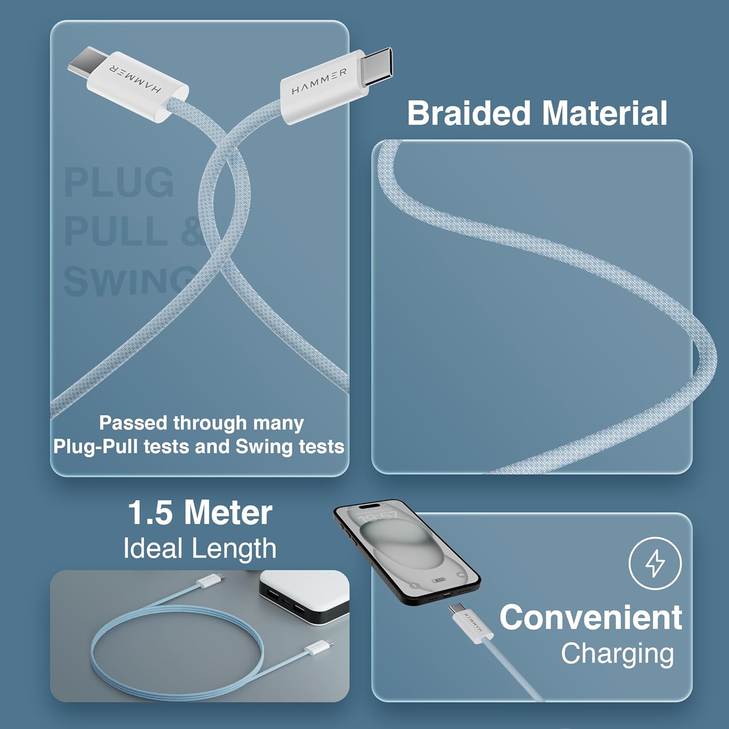 HAMMER Type C to Type C Cable 65W Braided, PD Fast Charging, Data Sync, 1.5 Meter Tangle Free Wire, Compatible with all C-Type Enabled Devices (Blue)
