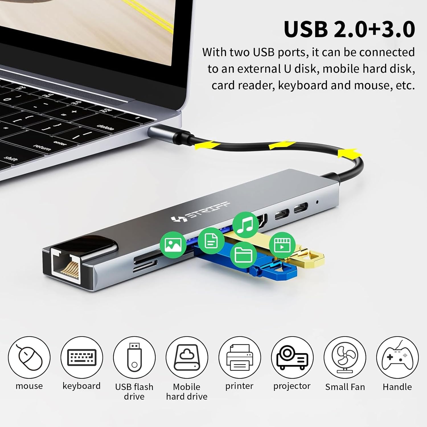 STRIFF 8-in-1 USB C Docking Station, 4K HDMI Adapter, 100Mbps Ethernet, USB 3.0 & USB 2.0 Ports, SD/microSD Card Reader, USB-C Data Transfer, PD Fast Charging Hub for MacBook, Laptop & PC