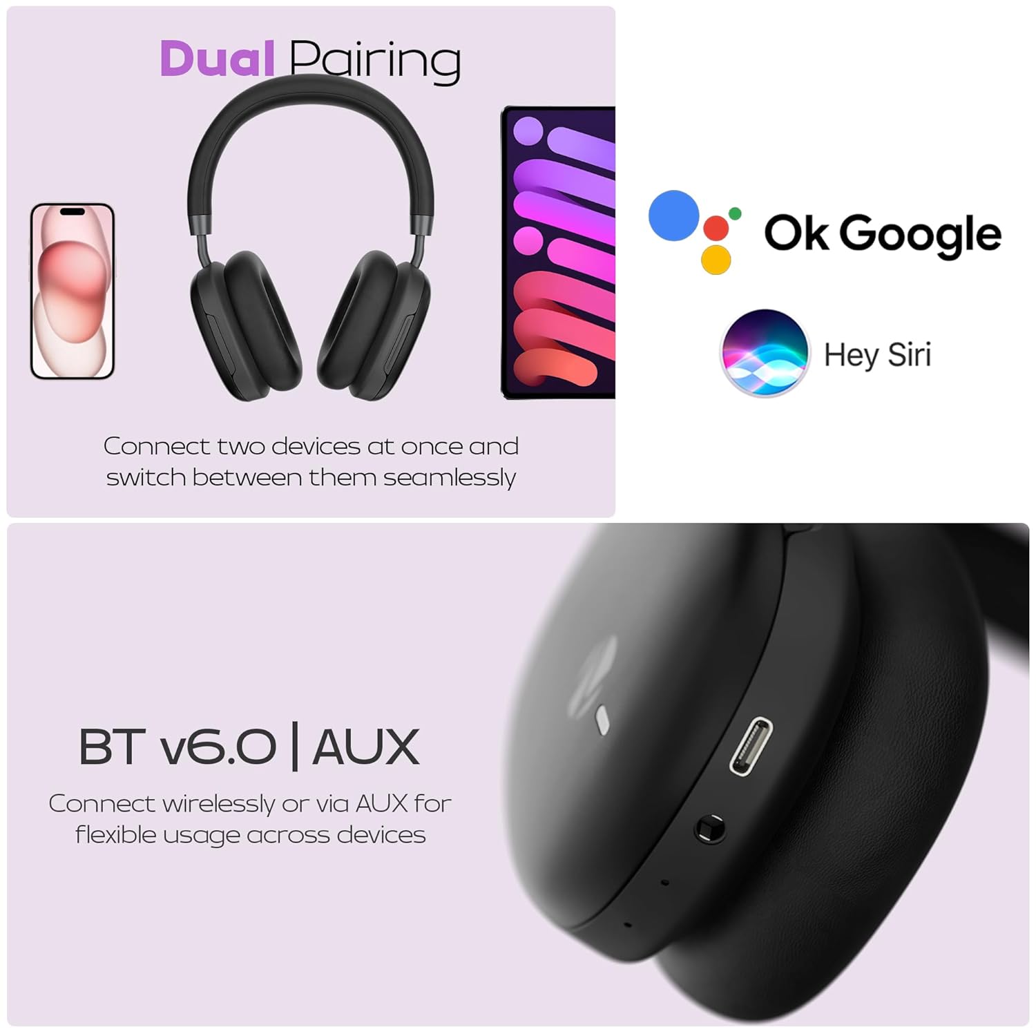 Zebronics Wireless Headphones, Hybrid ANC 48dB, Upto 100Hrs Playback, 40mm Drivers, Dual Mic ENC, BT v6.0, Gaming Mode, Dual Pairing, Touch Controls, App Support, AUX (Silencio 200T, Black)