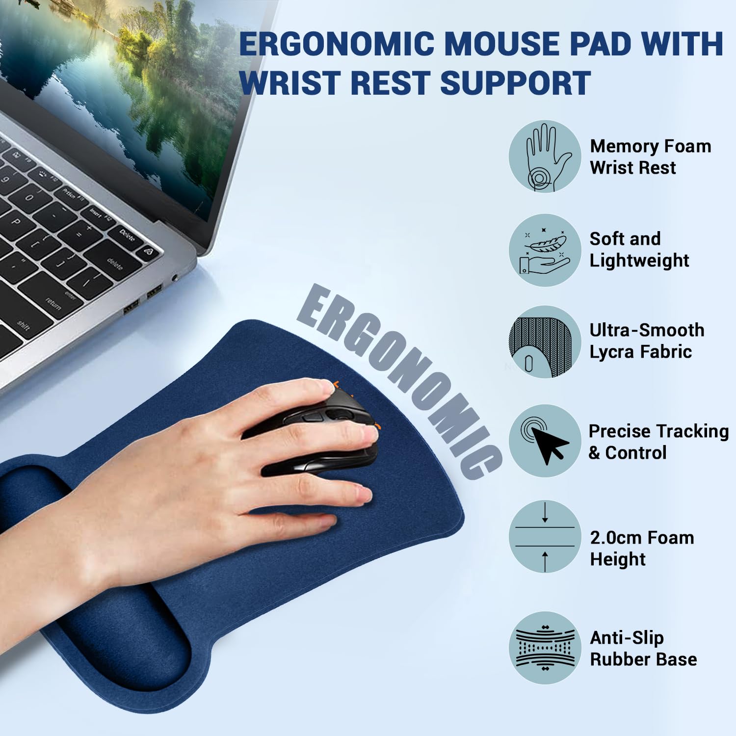 Tukzer Gel Mouse Pad| Memory Foam Cushion Mousepad with Wrist Support, Ergonomic Design| Non-Slip Rubber Base| Suitable for Gaming, Computer, Laptop, Home & Office Non-Slip Rubber Base (Dark Blue)
