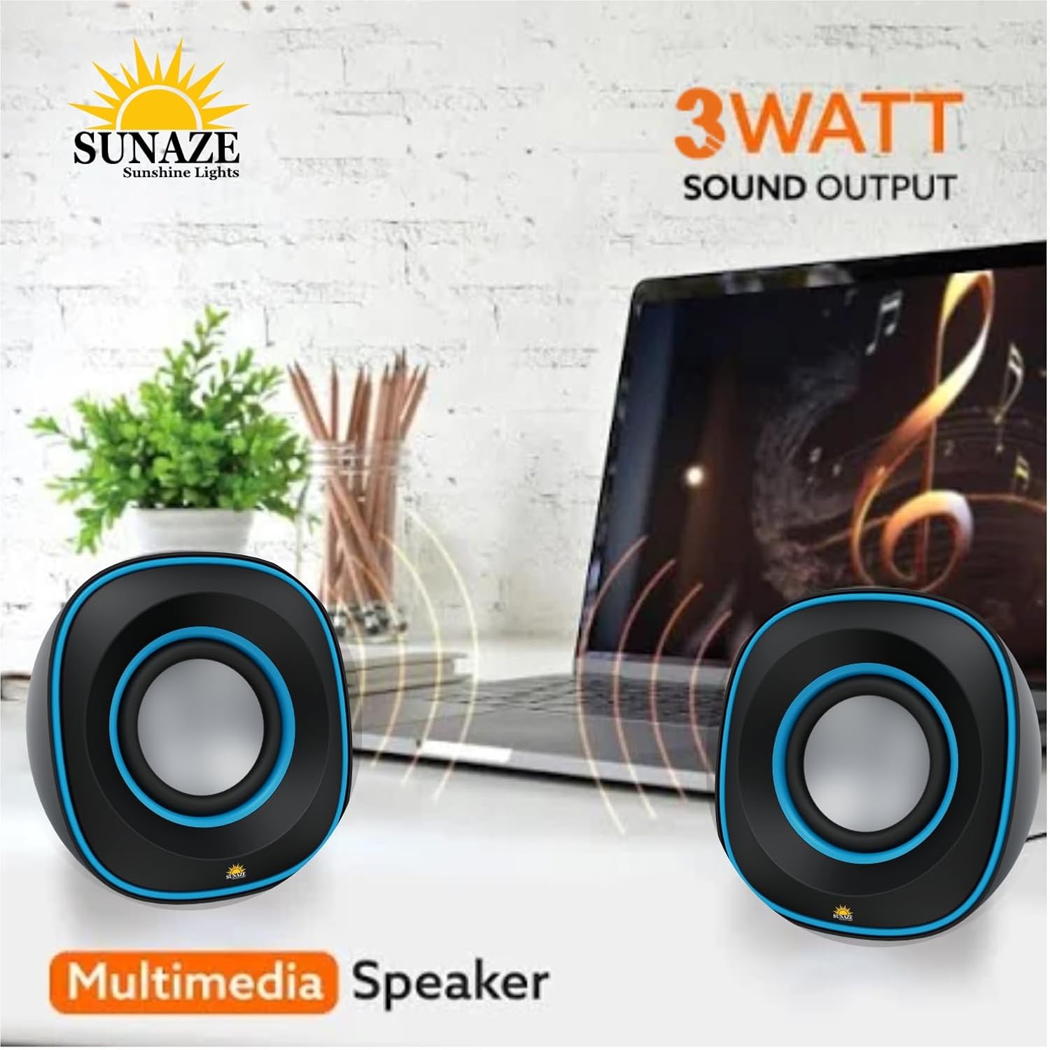 Sunaze Wired Mini USB Powered Speakers with 3.5mm AUX | Compact Desktop Speakers for Laptop, PC, Mobile & Tablet | Clear Sound & Deep Bass
