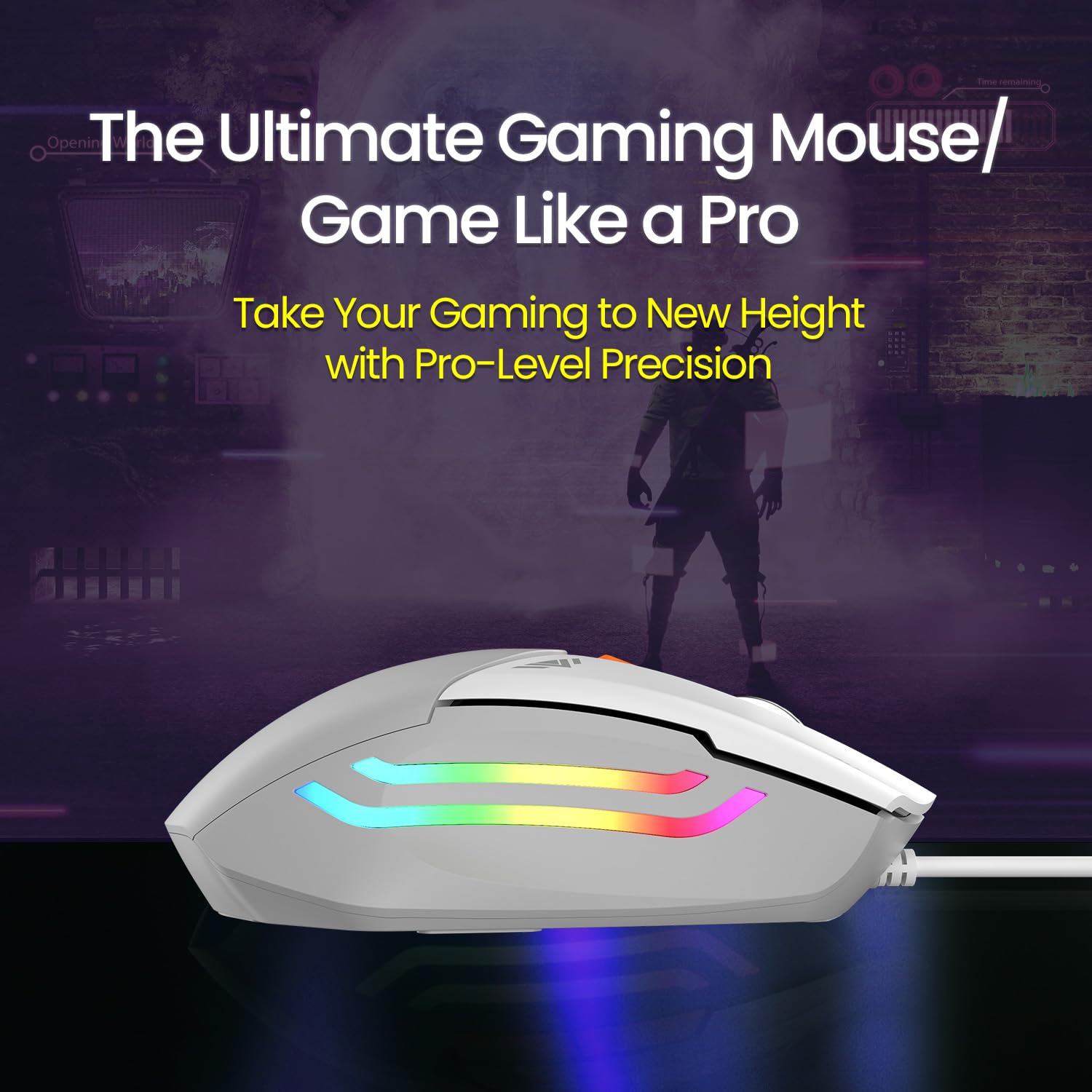 Portronics Vader Wired Gaming Mouse with 6 Buttons, Thumb Support, Adjustable DPI (6400 Max), RGB Light Effects, Ergonomic Design, 1.5 m Long USB Cable for Laptop & PC (Grey)