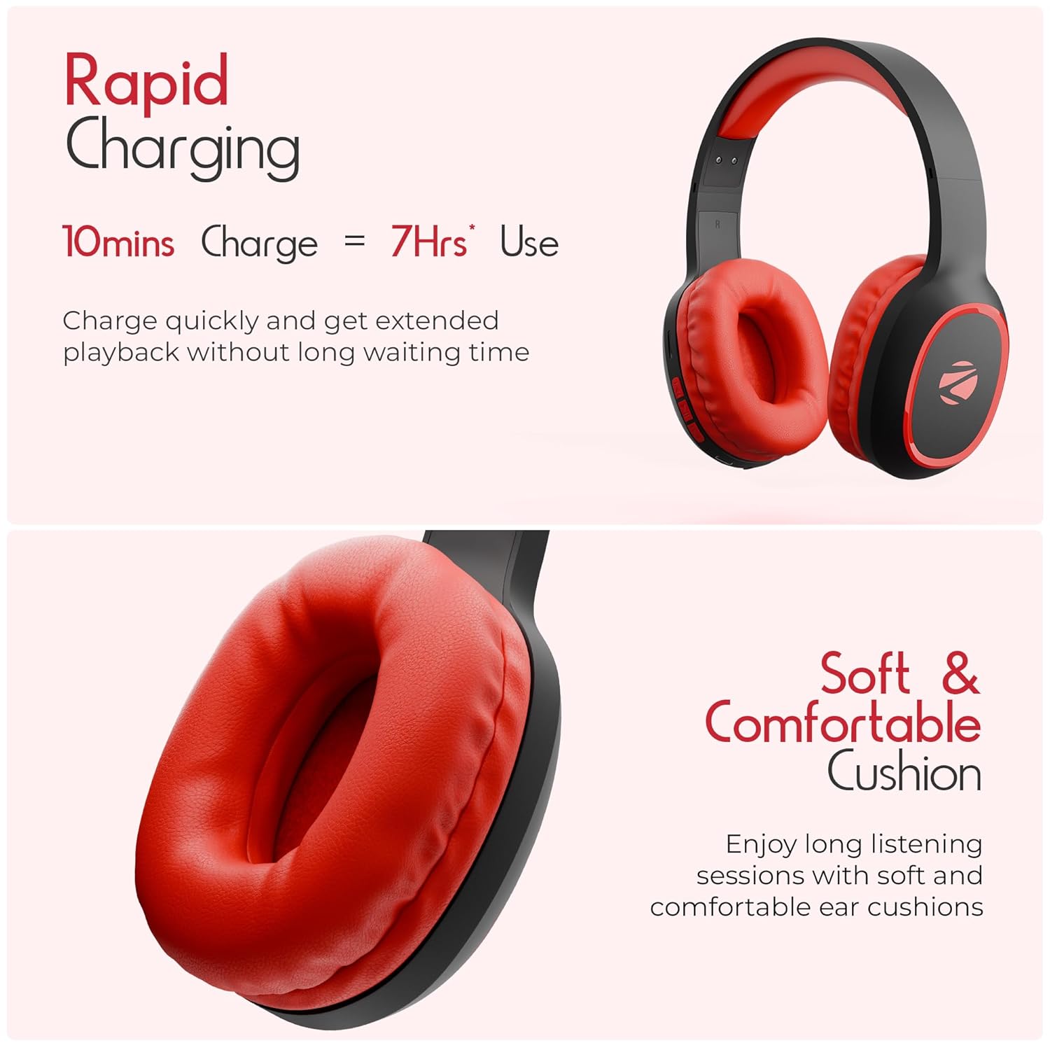 ZEBRONICS Thunder (2026 Upgrade) Wireless Headphones, BT v6.0, True 60 hrs Playback, 40mm Drivers, ENC, Gaming Mode, Dual Pairing, AUX & microSD, Rapid Charging, Call Function (Red)
