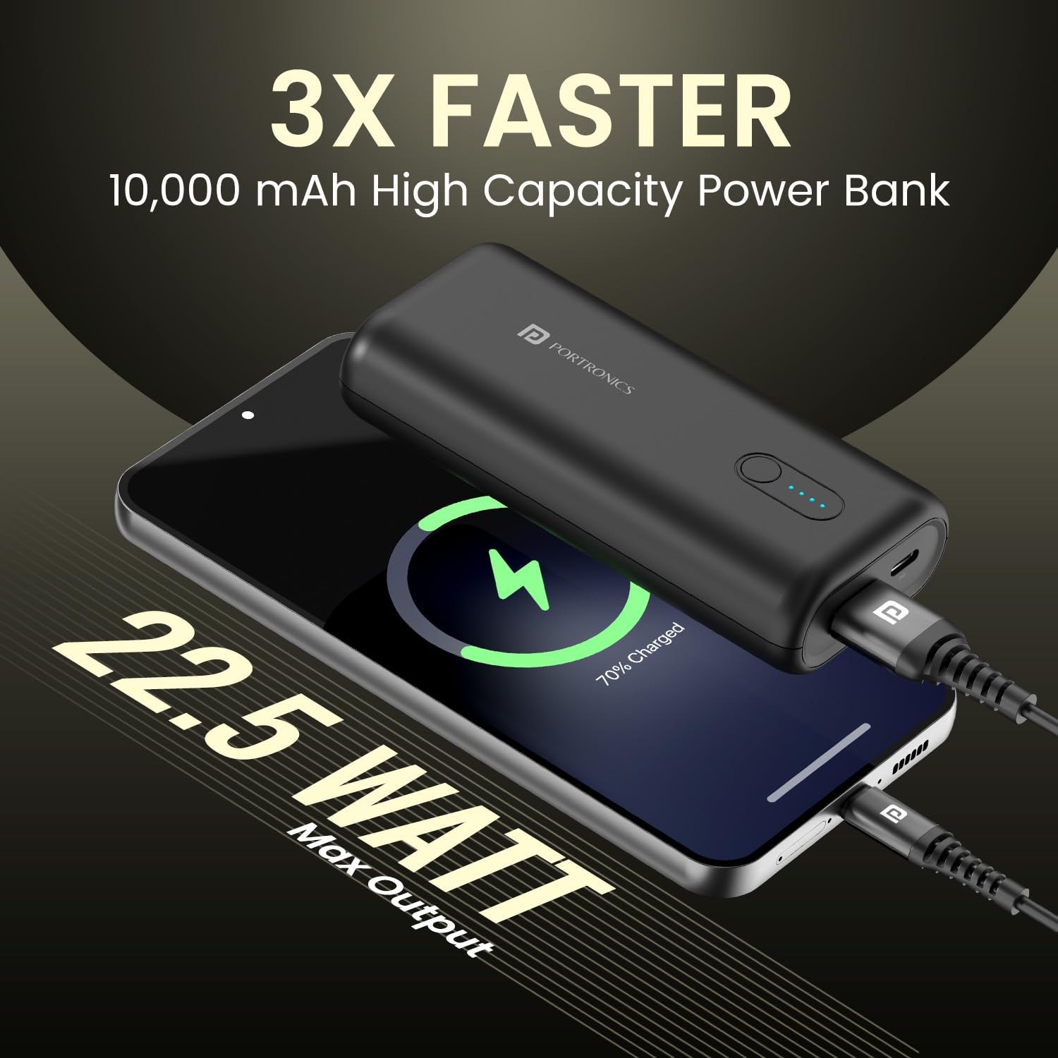 Portronics Power Pod 10K Advanced 10000 mAh Nano Power Bank with 22.5W Max Output, LED Indicator, Mach USB-A Output, Type C PD Output, Type C Input(Black)