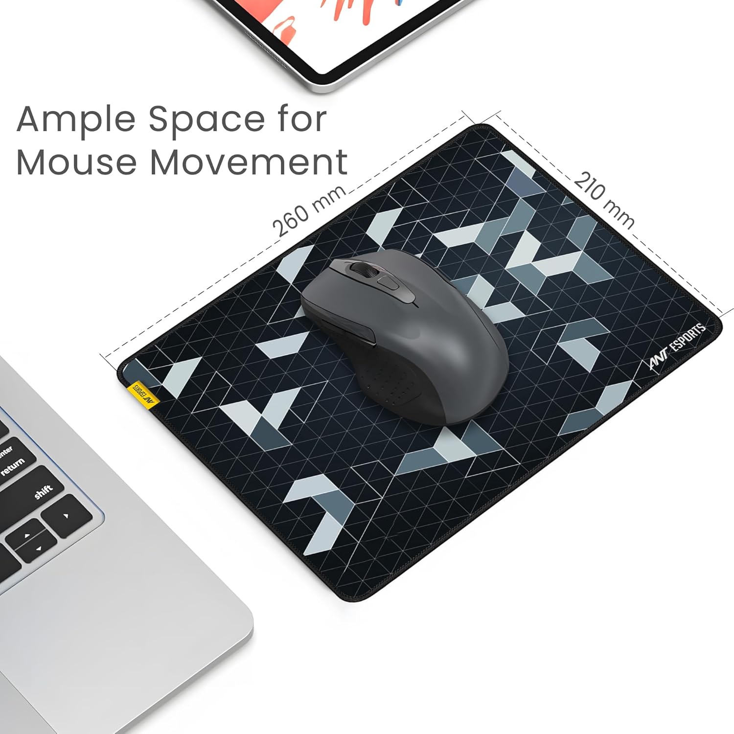 Ant Esports Prism Mouse Pad with Anti-fray Stitching, Waterproof Surface & Non-Slip Rubber Base with Stitched Edges Gaming Mouse Mat for Laptop, Compatible with Laser and Optical Mice – Black