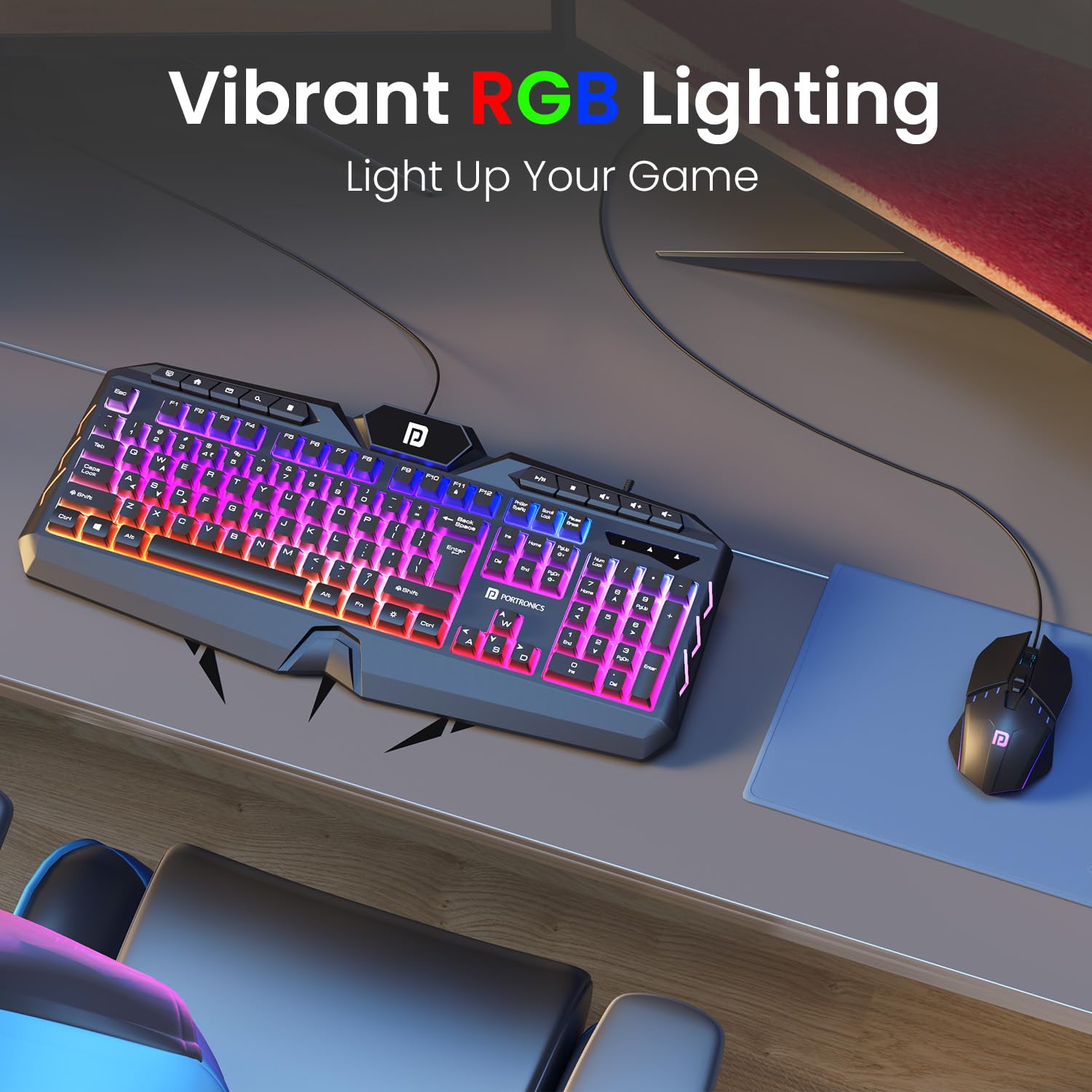 Portronics Ki-Pad 5 Wired Gaming Keyboard & Mouse Combo, 7-Button Mouse Control, 19 Anti-Ghosting, Multimedia Keys, Cool RGB Backlight, 1.5M Cable Length, Compatible with Desktop PCs, Laptops (Black)
