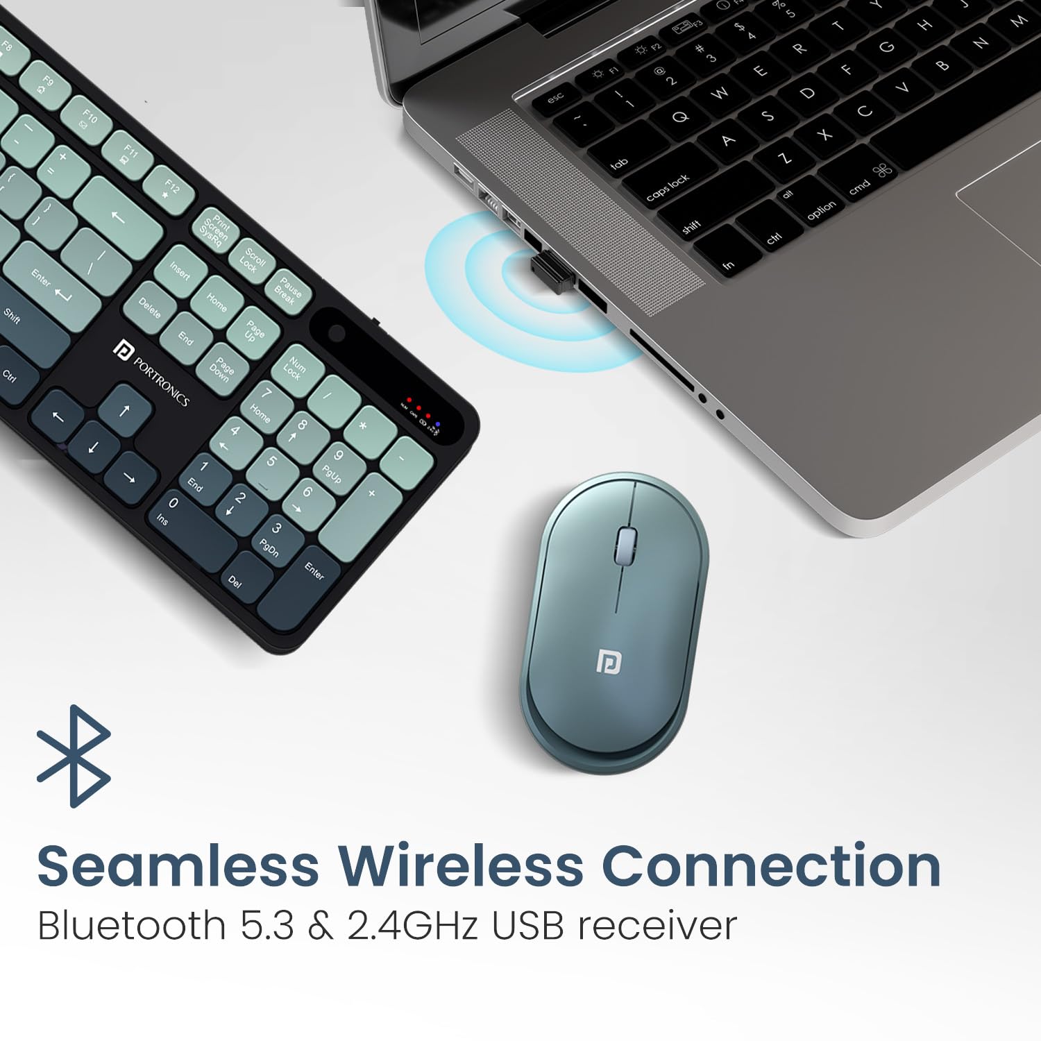 Portronics Key11 Combo Rechargeable Wireless Keyboard and Mouse Set, Bluetooth 5.3&2.4GHz Wireless,Type-C Fast Charging,Gradient Keys, Noiseless Typing, High Precision Mouse, for PC&Laptop(Blue)