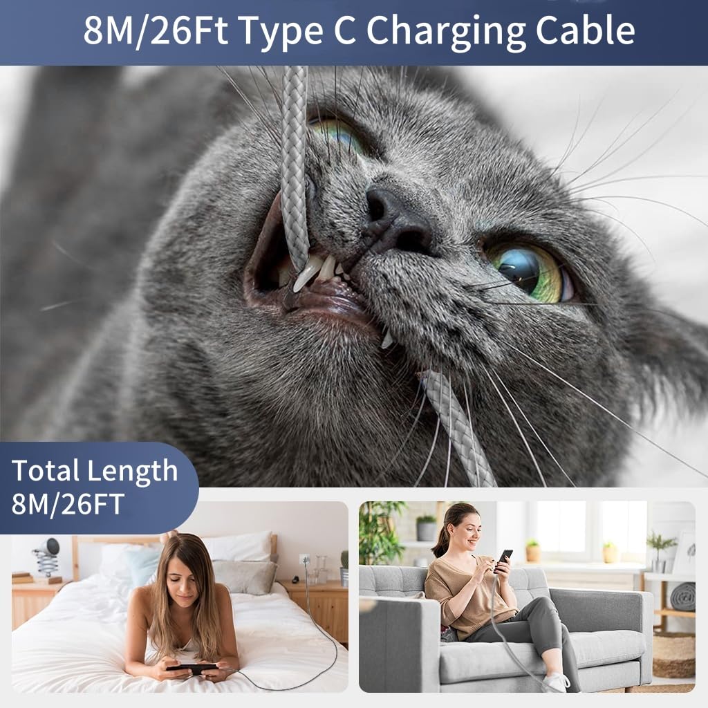 Verilux® 8M/26Ft Type C Cable, 10W USB A to USB C Charging Cable, Ultra Long Type C Charging Cable Compatible with iPhone 17/16/15 Series, Galaxy S25/S24, MacBook, iPad, More C Type Devices, Grey