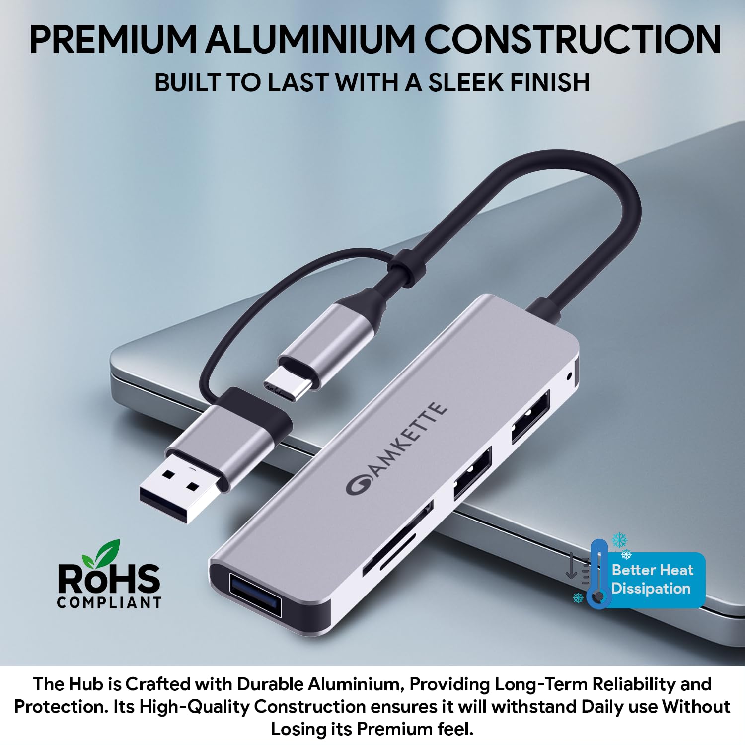 Amkette Type A+C 5 in 1 USB Hub 3.0, Upto 5GBPS DataTransfer Speed,Dedicated Card Reader&Micro SD Slot, Universally Compatible with All USB,Speaker,Laptop,Hard Drive,15cm Cable